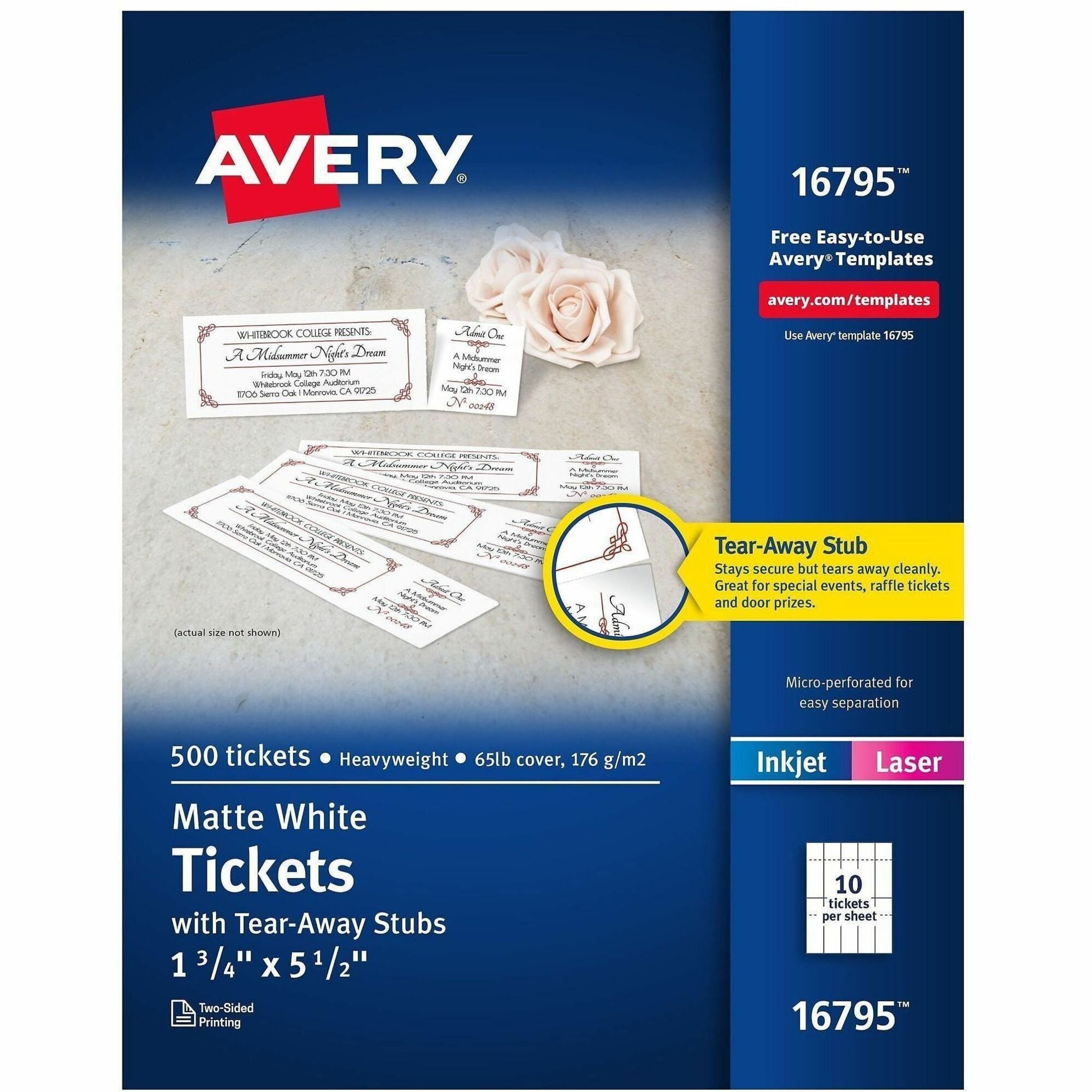 Printable Tickets with Tear-Away Stubs, 97 Bright, 65 lb Cover Weight, 8.5 x 11, White, 10 Tickets/Sheet, 50 Sheets/Pack