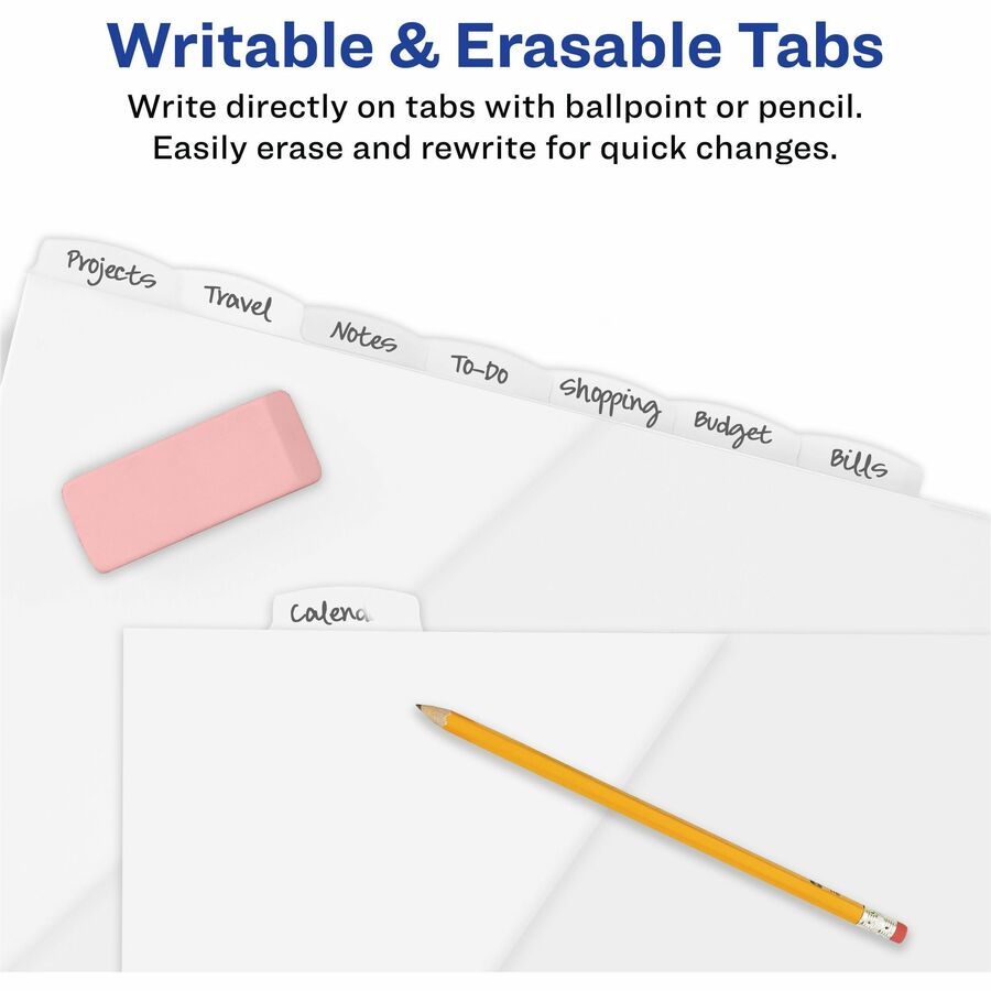 Write and Erase Durable Plastic Dividers with Straight Pocket, 8-Tab, 11.13 x 9.25, White, 1 Set