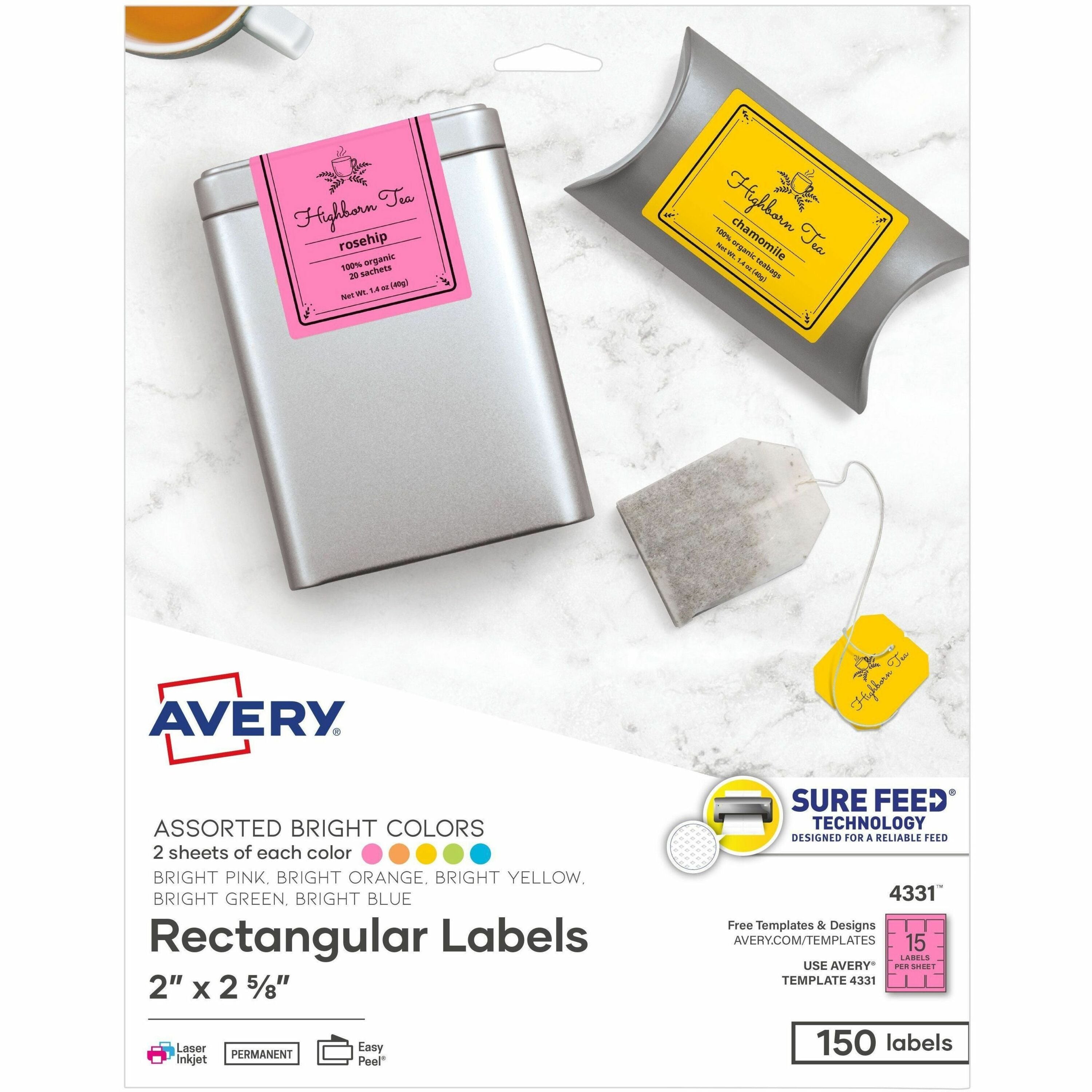 Printable Color Labels with Sure Feed and Easy Peel, 2 x 2.63, Assorted Colors, 15/Sheet, 10 Sheets/Pack
