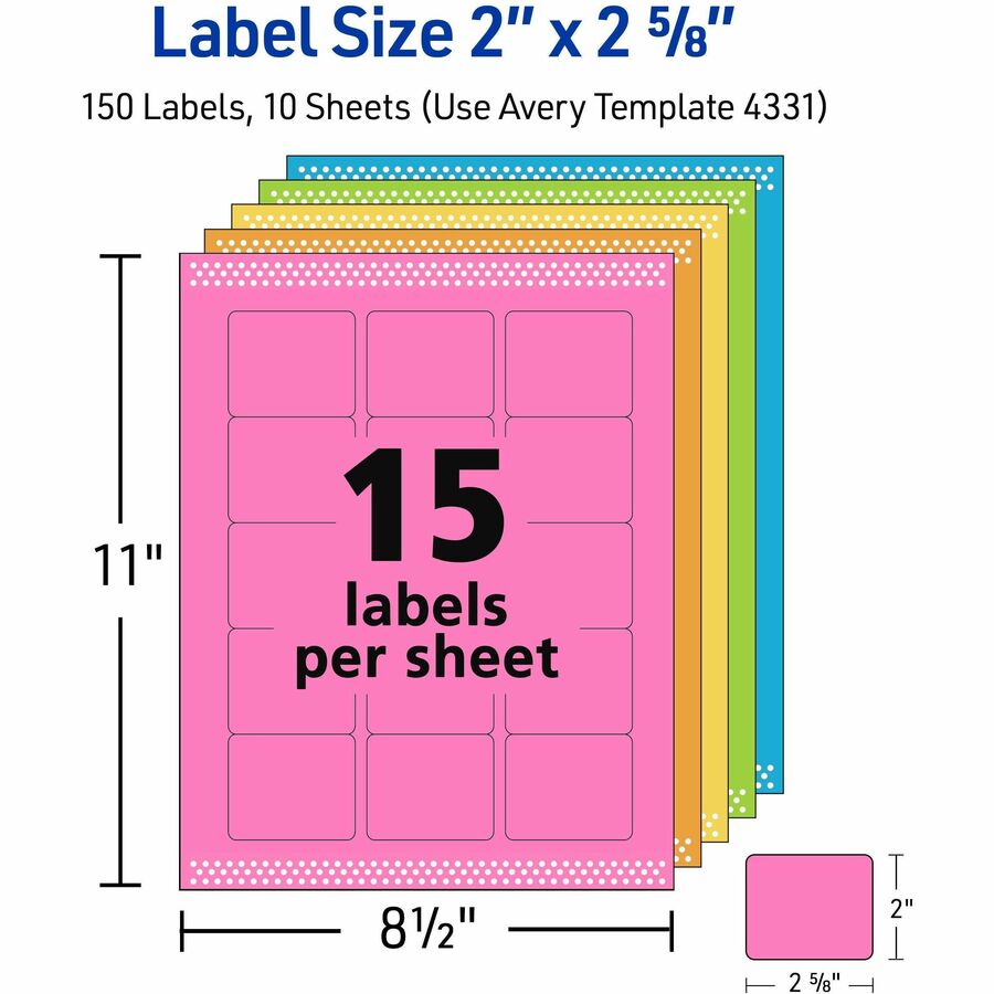 Printable Color Labels with Sure Feed and Easy Peel, 2 x 2.63, Assorted Colors, 15/Sheet, 10 Sheets/Pack