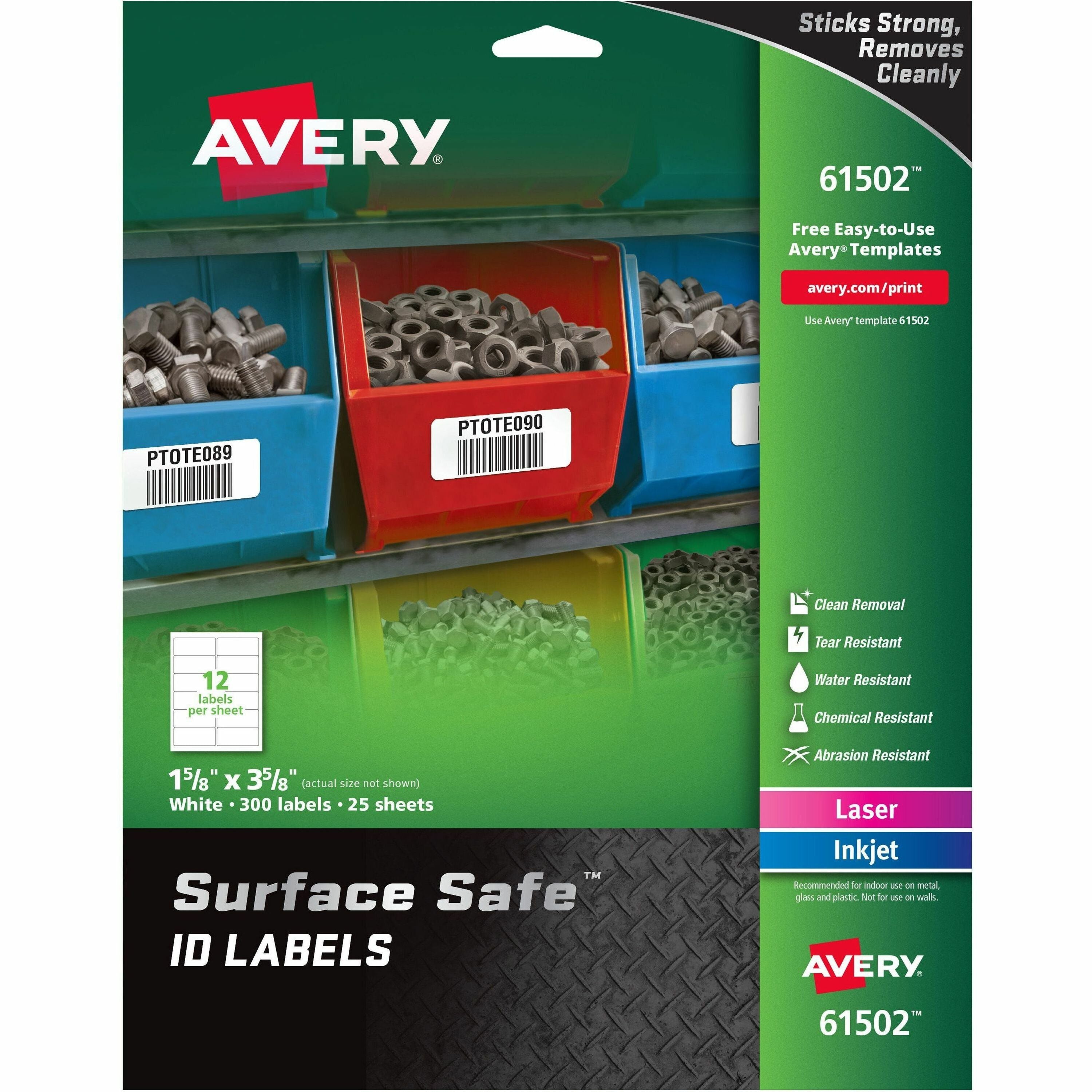 Surface Safe ID Labels, Inkjet/Laser Printers, 1.63 x 3.63, White, 12/Sheet, 25 Sheets/Pack