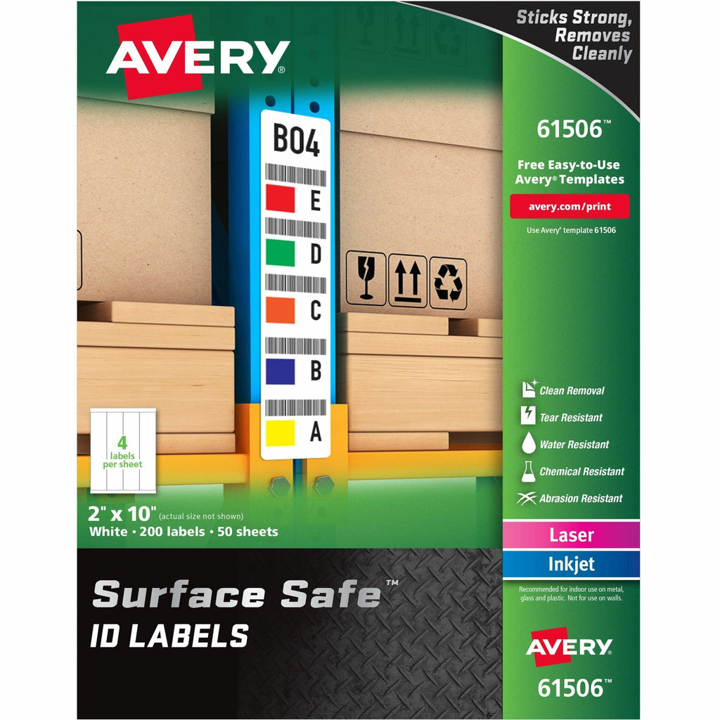 Avery Surface Safe ID Label - 2" Width x 10" Length - Removable Adhesive - Rectangle - Laser, Inkjet - White - Film - 4 / Sheet - 50 Total Sheets - 200 Total Label(s) - 5 - Water Resistant