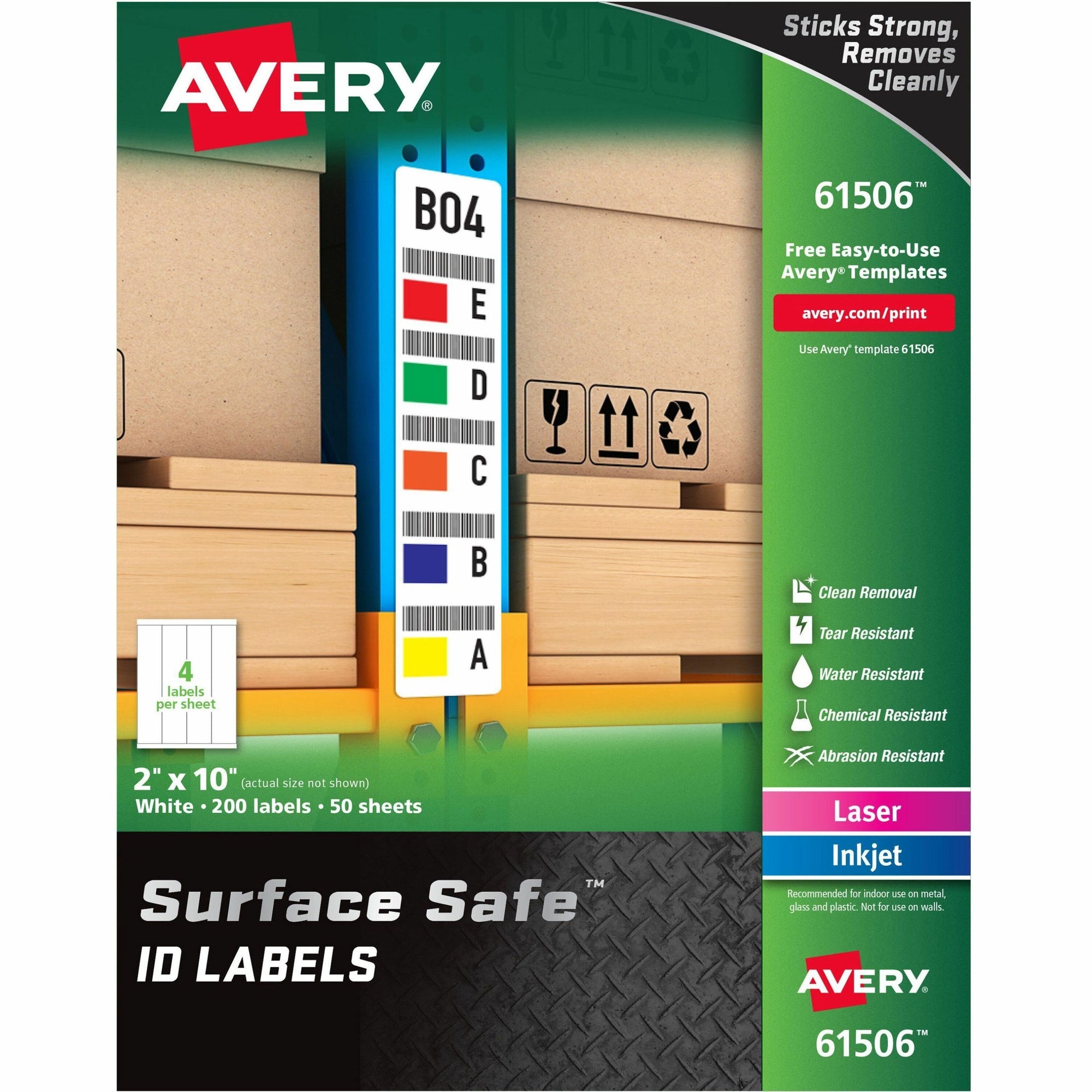Avery Surface Safe ID Label - 2" Width x 10" Length - Removable Adhesive - Rectangle - Laser, Inkjet - White - Film - 4 / Sheet - 50 Total Sheets - 200 Total Label(s) - 5 - Water Resistant
