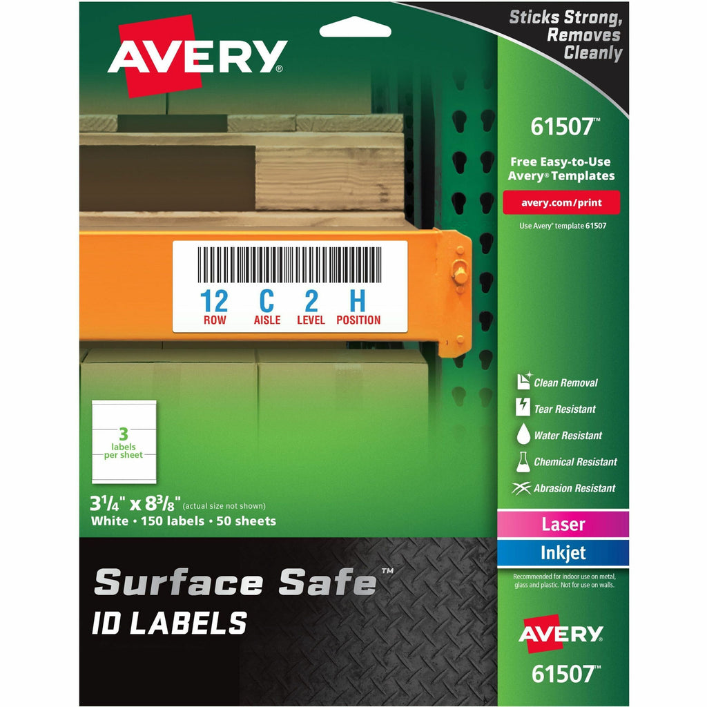Avery Surface Safe ID Label - 3 1/4" Width x 8 3/8" Length - Removable Adhesive - Rectangle - Laser, Inkjet - White - Film - 3 / Sheet - 50 Total Sheets - 150 Total Label(s) - 5 - Water Resistant