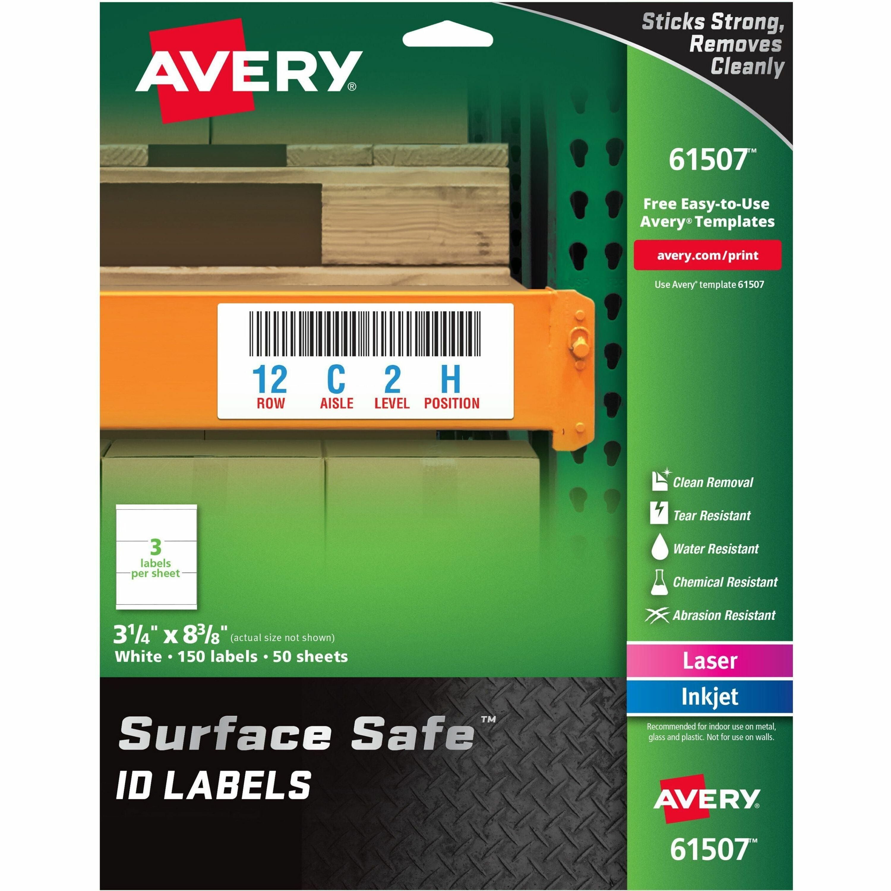 Avery Surface Safe ID Label - 3 1/4" Width x 8 3/8" Length - Removable Adhesive - Rectangle - Laser, Inkjet - White - Film - 3 / Sheet - 50 Total Sheets - 150 Total Label(s) - 5 - Water Resistant