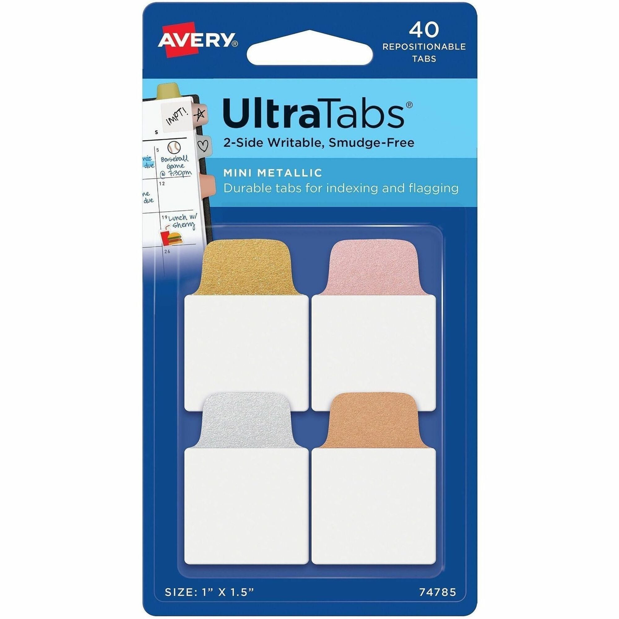 Avery UltraTabs Metallic Color 2-sided Mini Tabs - 40 Tab(s) - 1.50" Tab Height x 1" Tab Width - Clear Film, Gold Paper, Rose Gold, Copper Tab(s) - 40 / Pack