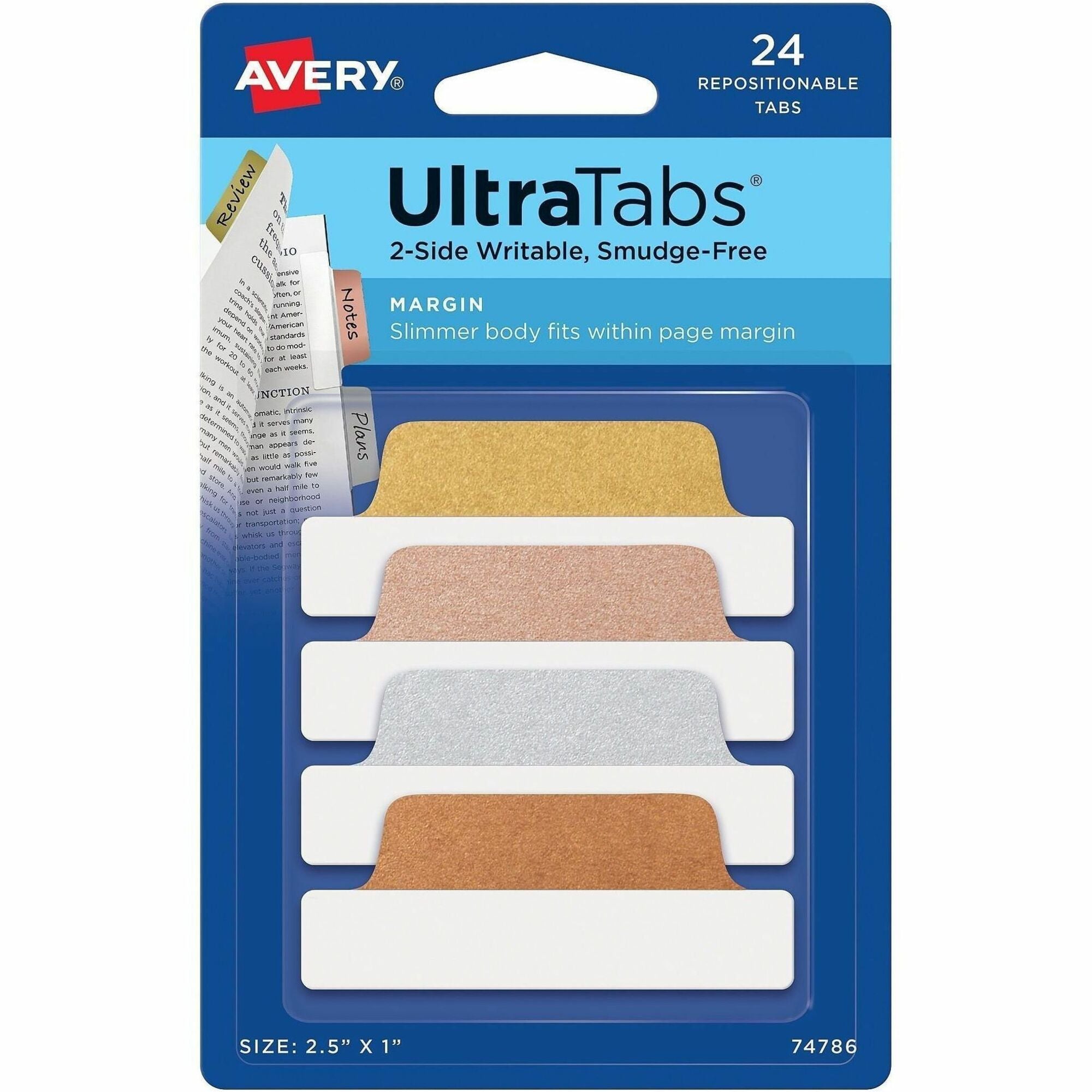 Avery UltraTabs Repositionable Margin Tabs - 24 Tab(s) - 1" Tab Height x 2.50" Tab Width - Clear Film, Gold Paper, Rose Gold, Copper Tab(s) - 24 / Pack
