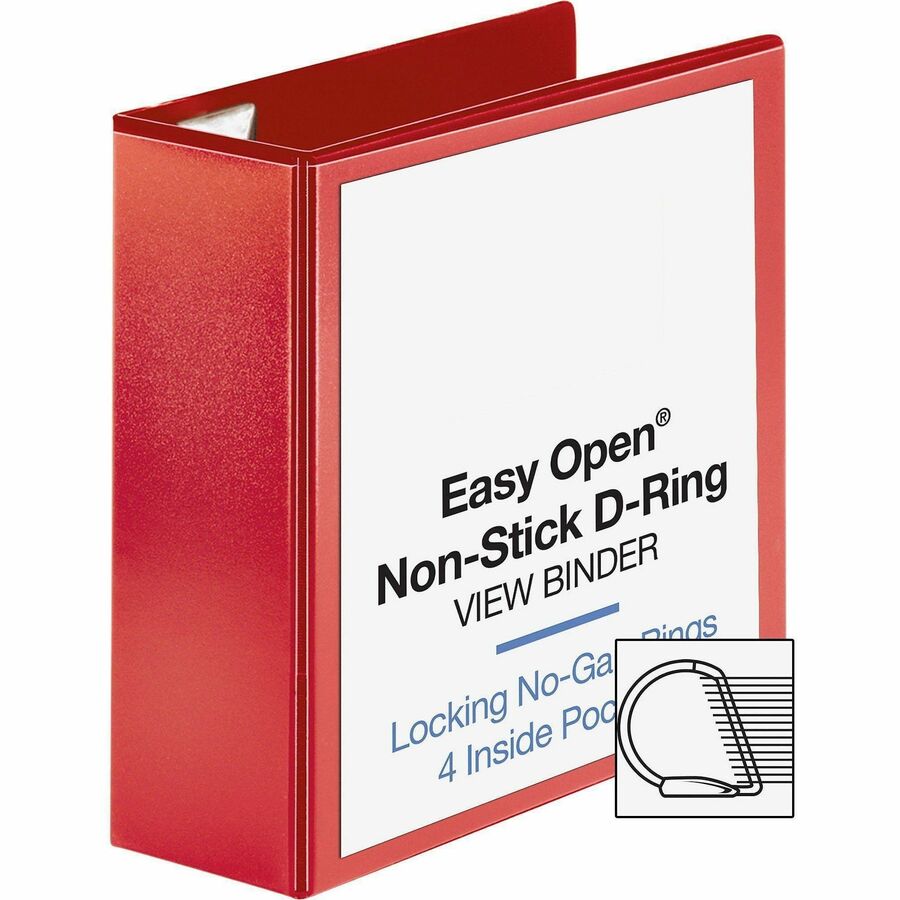 Business Source Red D-ring Binder - 4" Binder Capacity - D-Ring Fastener(s) - 4 Pocket(s) - Polypropylene - Red - Non-stick, Labeling Area - 1 Each