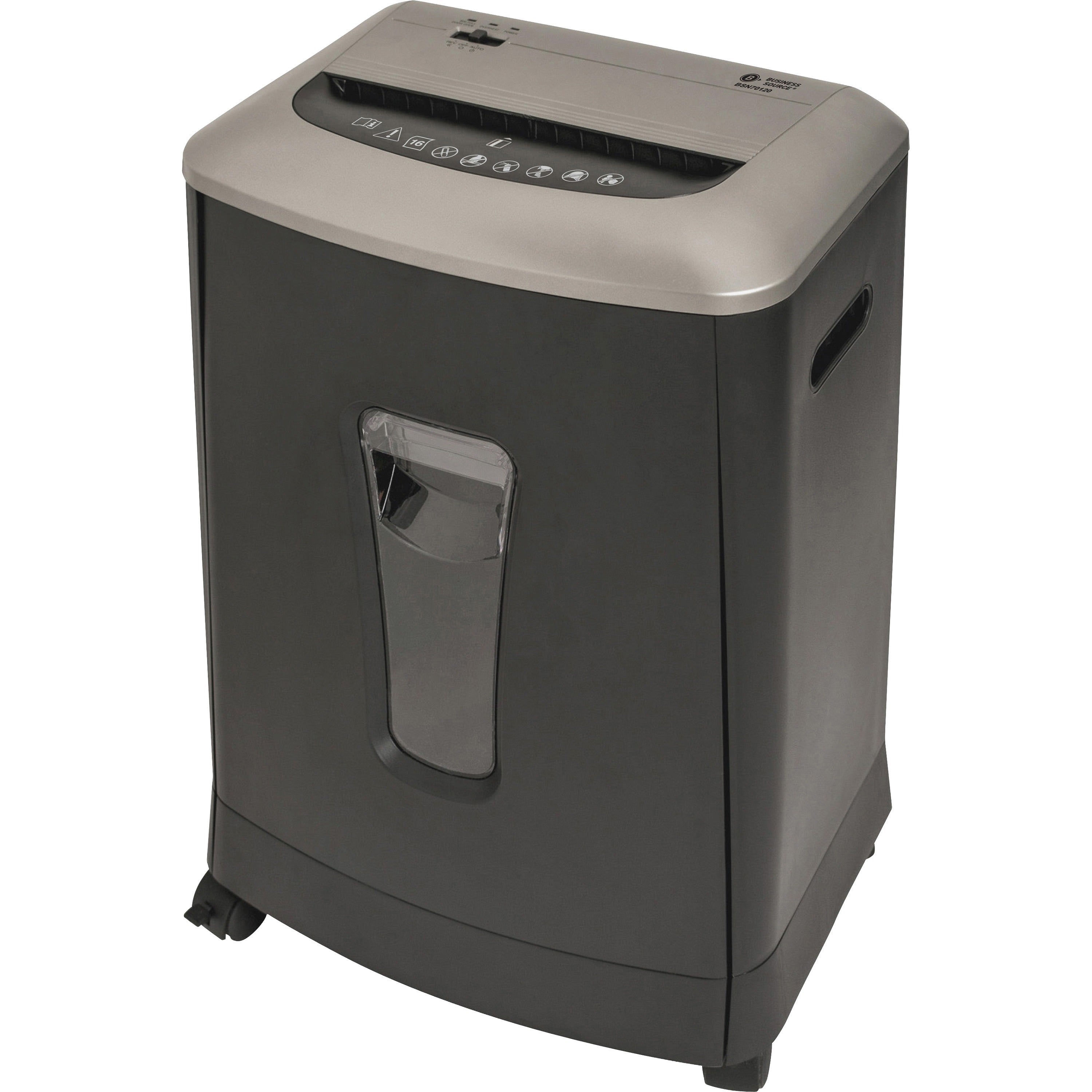 Business Source 6-gallon Bin Cross-cut Shredder - Non-continuous Shredder - Cross Cut - 16 Per Pass - for shredding Paper, Staples, CD, DVD, Credit Card - P-3 - 8.88" Throat - 10 Minute Run Time - 30 Minute Cool Down Time - 6 gal Wastebin Capacity -