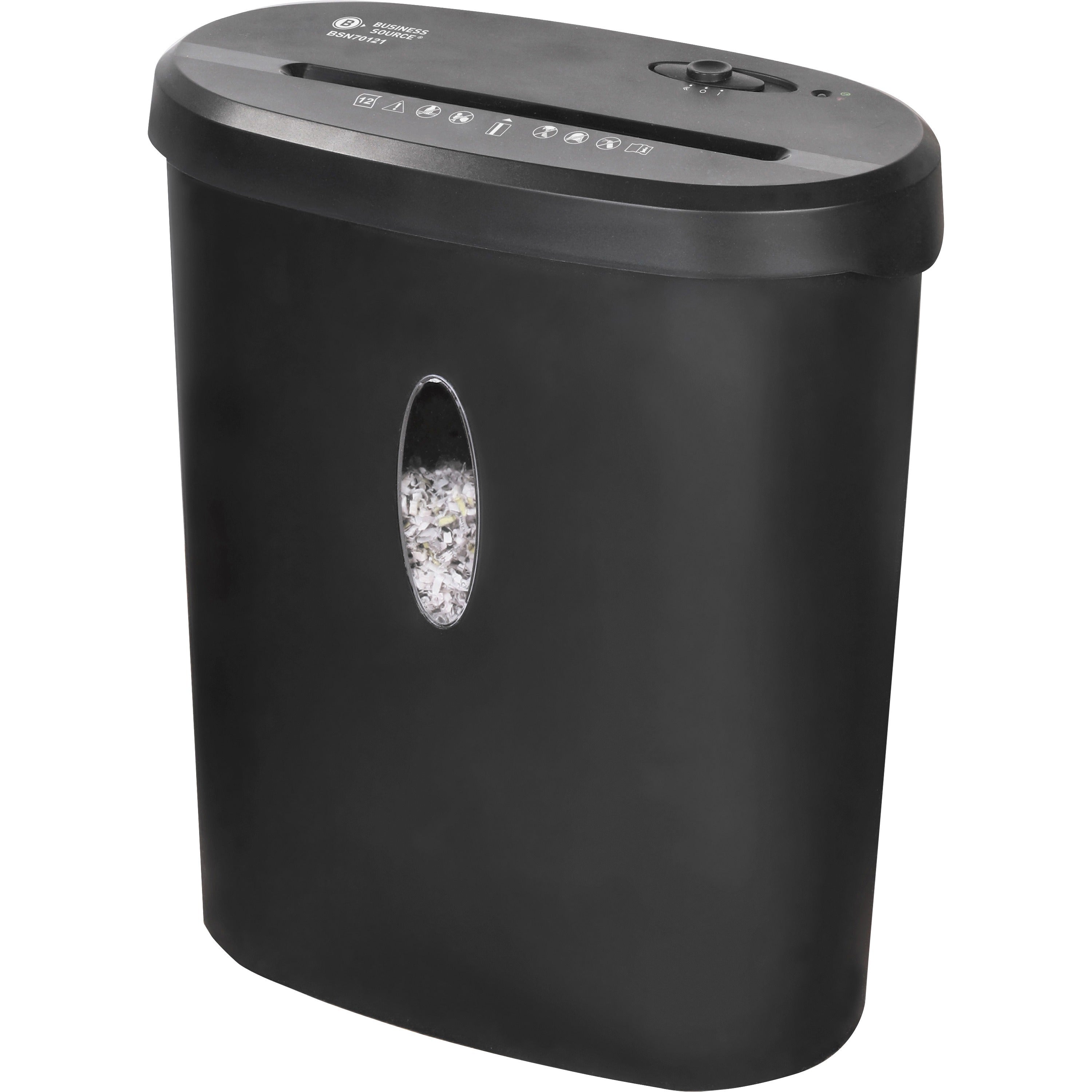 Business Source 4.6-gallon Bin Cross-cut Shredder - Non-continuous Shredder - Cross Cut - 12 Per Pass - for shredding Paper, Staples, Credit Card - P-3 - 8.66" Throat - 2 Minute Run Time - 30 Minute Cool Down Time - 4.60 gal Wastebin Capacity - Black