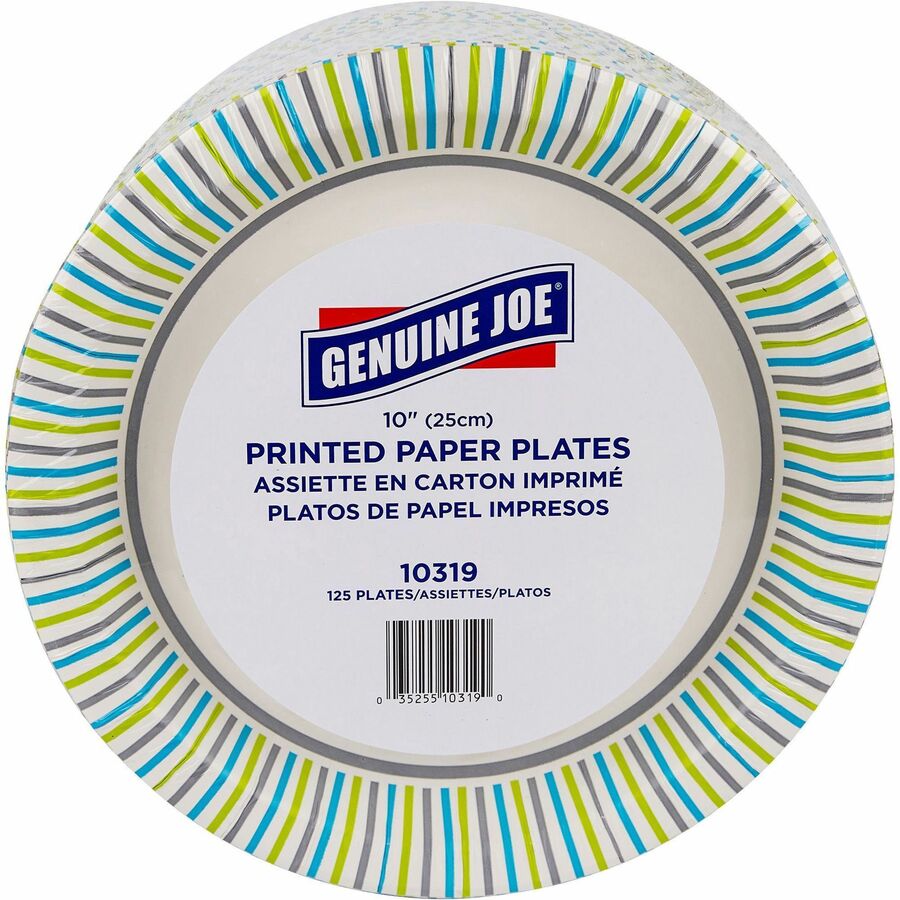 Genuine Joe 10" Printed Paper Plates - Disposable - Multi - 125 / Pack
