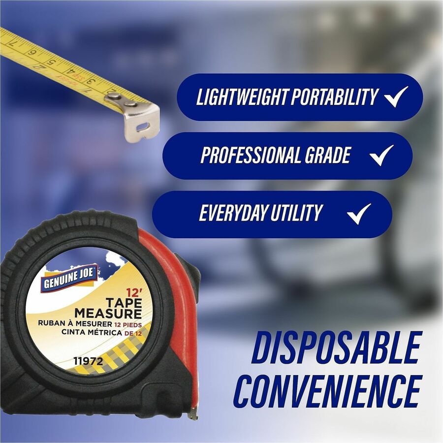 Genuine Joe Tape Measure - 12 ft Length - Imperial Measuring System - 1 Each - Red, Black