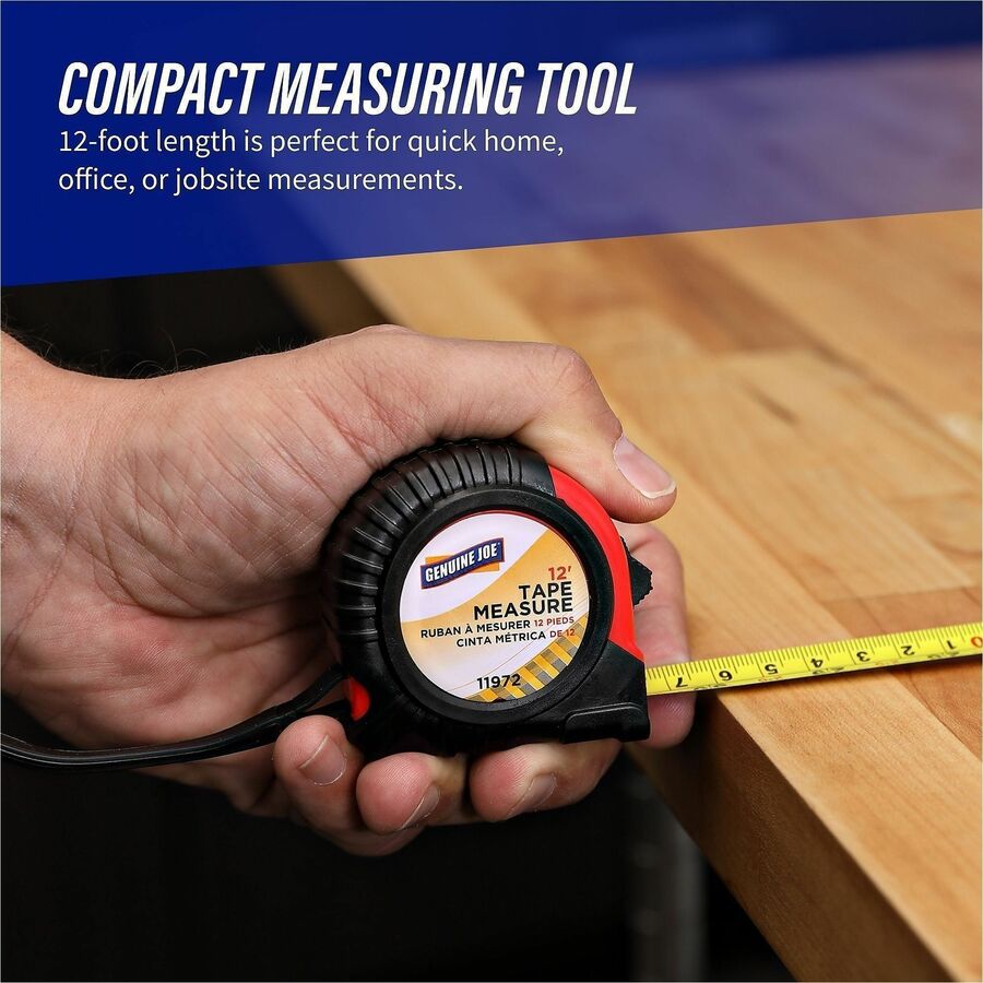 Genuine Joe Tape Measure - 12 ft Length - Imperial Measuring System - 1 Each - Red, Black