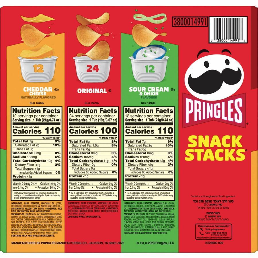 Pringles Crisps Grab 'N Go Variety Pack - Cheddar Cheese, Original, Sour Cream & Onion - Box - 1 / Carton