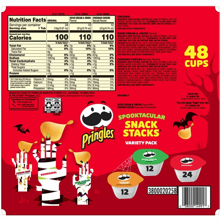 Pringles Crisps Grab 'N Go Variety Pack - Cheddar Cheese, Original, Sour Cream & Onion - Box - 1 / Carton