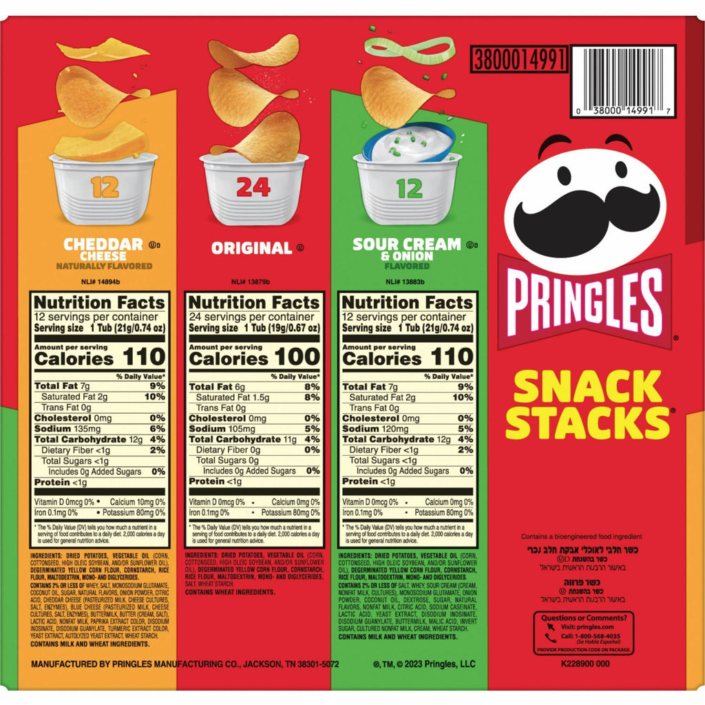 Pringles Crisps Grab 'N Go Variety Pack - Cheddar Cheese, Original, Sour Cream & Onion - Box - 1 / Carton - 4