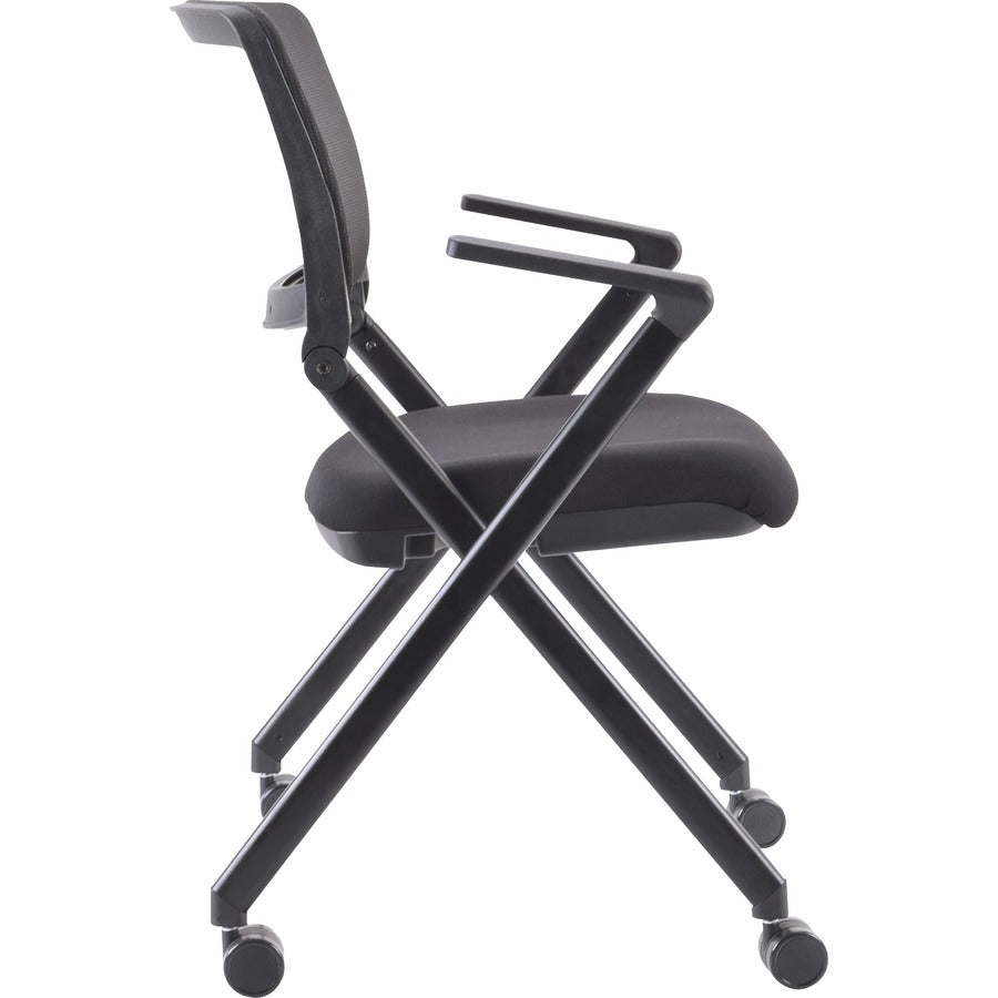 Lorell Mobile Mesh Back Nesting Chairs with Arms - Black Fabric Seat - Metal Frame - 2 / Carton