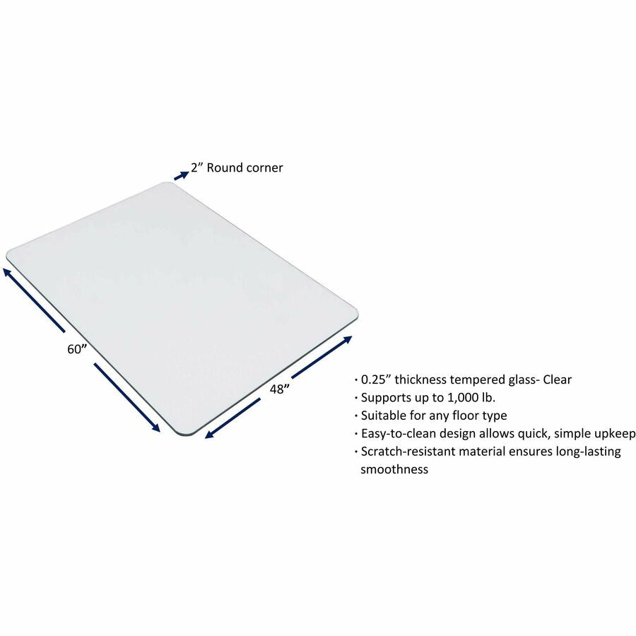Lorell Tempered Glass Chairmat - Carpet, Hardwood Floor, Marble, Hard Floor - 60" Length x 48" Width x 0.250" Thickness - Rectangular - Tempered Glass - Clear - 1Each - 6