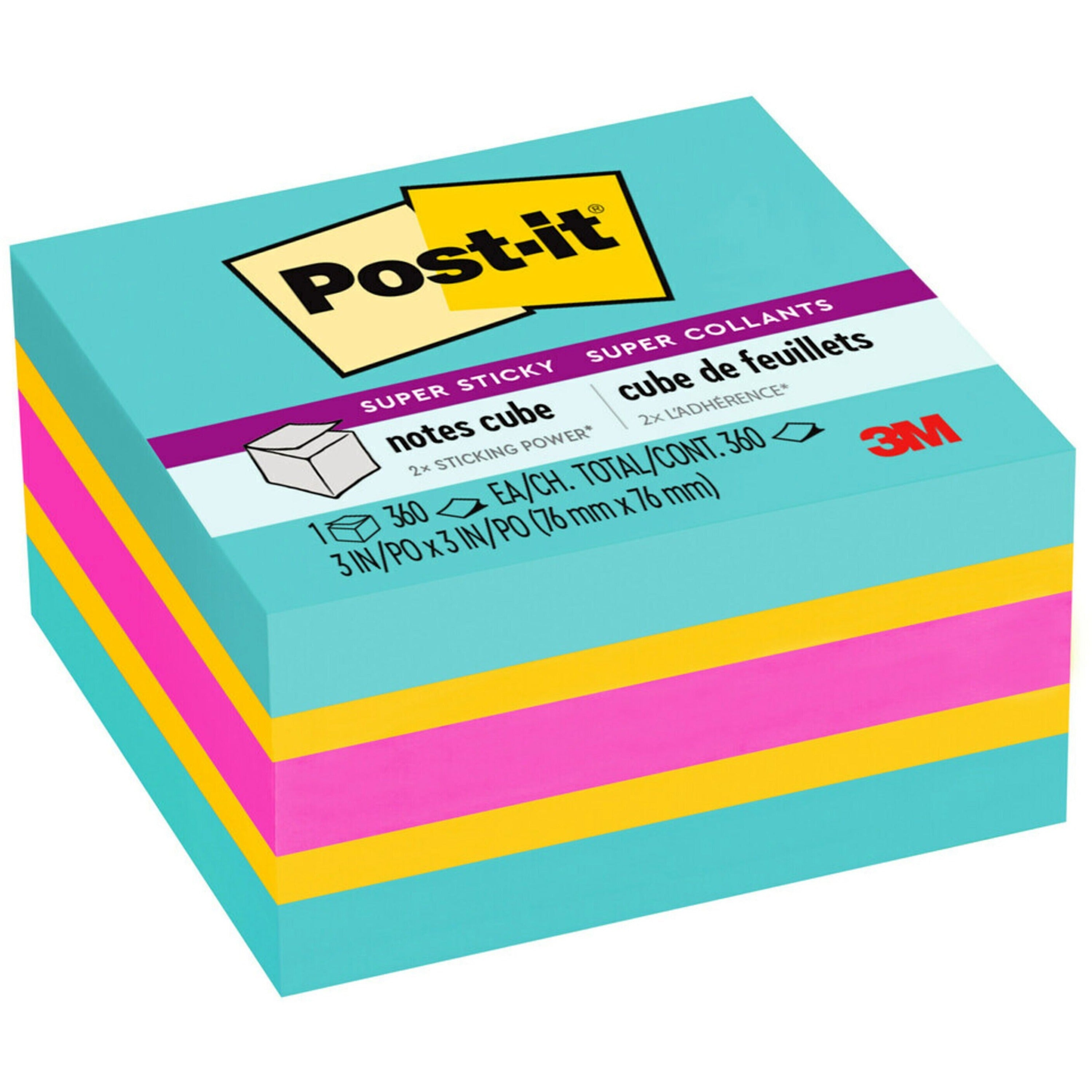post-it-super-sticky-notes-cube-3-x-3-square-360-sheets-per-pad-aqua-splash-sunnyside-power-pink-paper-sticky-recyclable-1-pack_mmm2027ssafg - 1