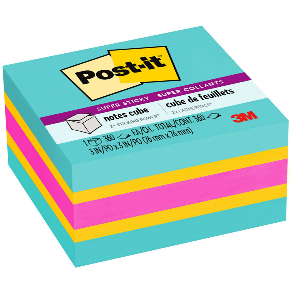 Post-it Super Sticky Notes Cube - 3" x 3" - Square - 360 Sheets per Pad - Aqua Splash, Sunnyside, Power Pink - Paper - Sticky, Recyclable - 1 / Pack