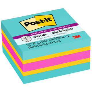 Post-it Super Sticky Notes Cube - 3" x 3" - Square - 360 Sheets per Pad - Aqua Splash, Sunnyside, Power Pink - Paper - Sticky, Recyclable - 1 / Pack
