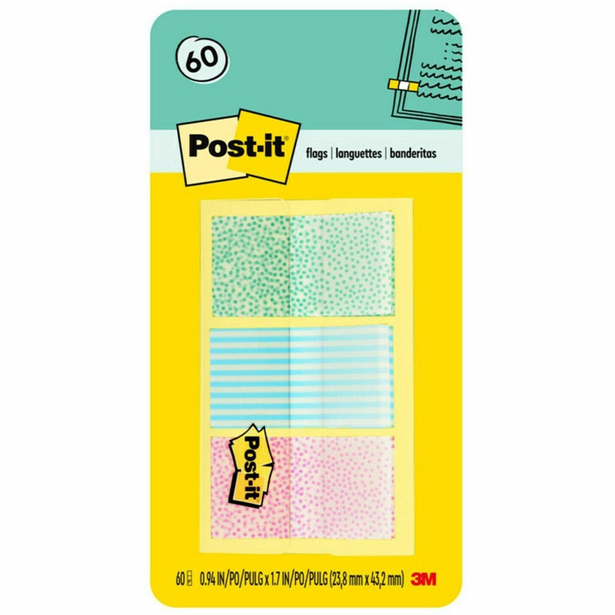 Post-it Printed Flags - 60 x Assorted Pastel - 1" x 1.75" - 30 Sheets per Pad - Green, Blue, Pink - Self-adhesive, Sticky, Removable, Writable - 60 / Pack