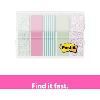 Post-it Printed Flags - 100 x Assorted Pastel - 0.50" x 1.75" - 20 Sheets per Pad - Green, Pink, Blue - Self-adhesive, Sticky, Removable, Writable - 100 / Pack