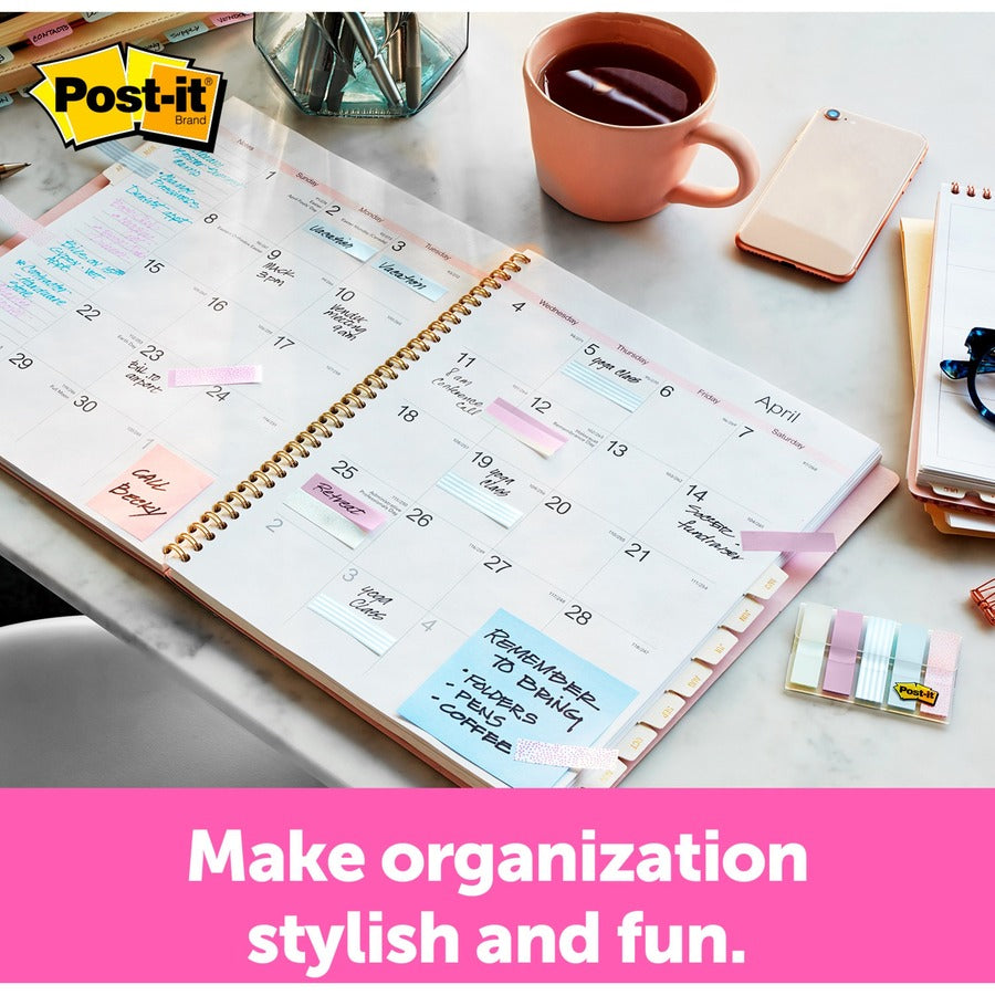 Post-it Printed Flags - 100 x Assorted Pastel - 0.50" x 1.75" - 20 Sheets per Pad - Green, Pink, Blue - Self-adhesive, Sticky, Removable, Writable - 100 / Pack