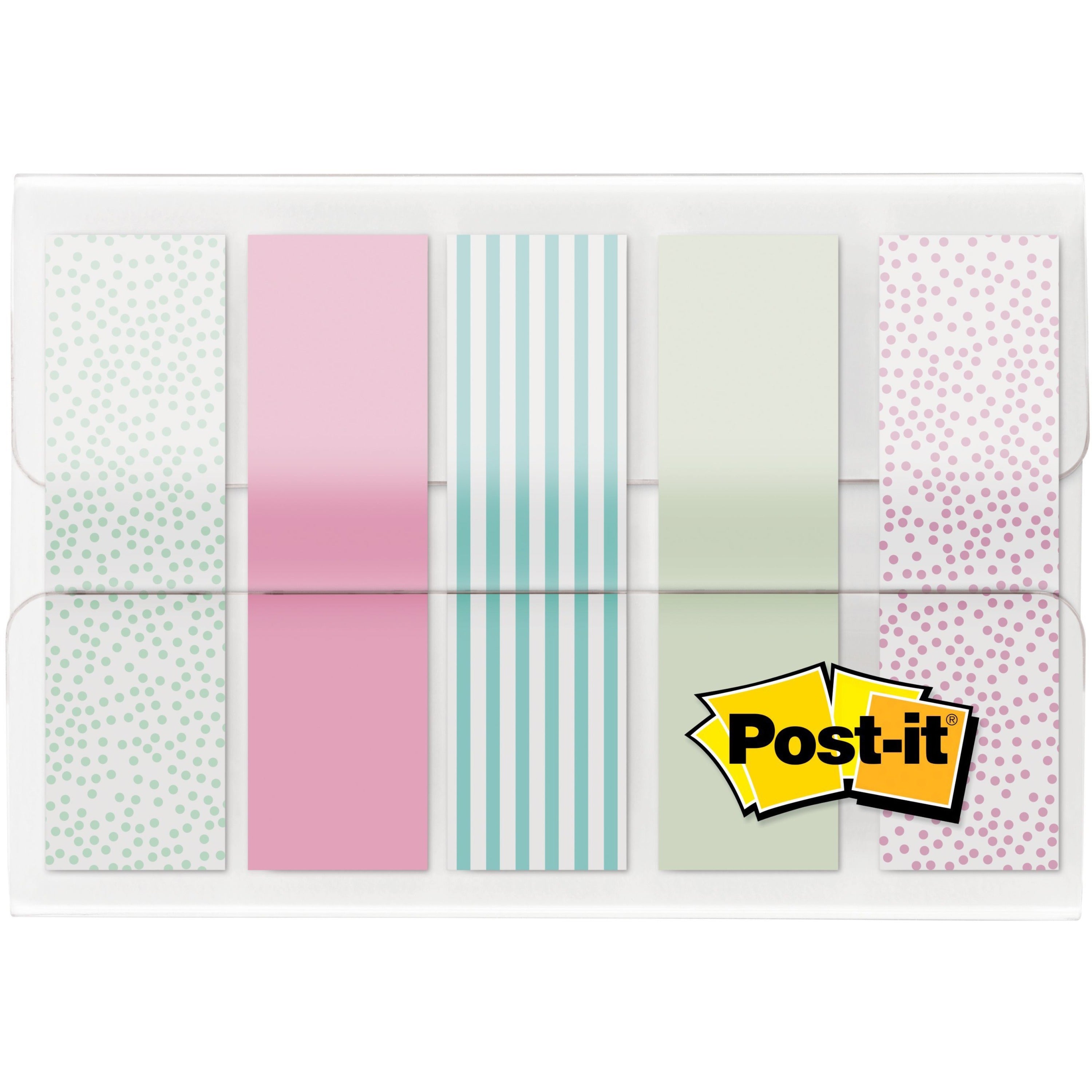 Post-it Printed Flags - 100 x Assorted Pastel - 0.50" x 1.75" - 20 Sheets per Pad - Green, Pink, Blue - Self-adhesive, Sticky, Removable, Writable - 100 / Pack