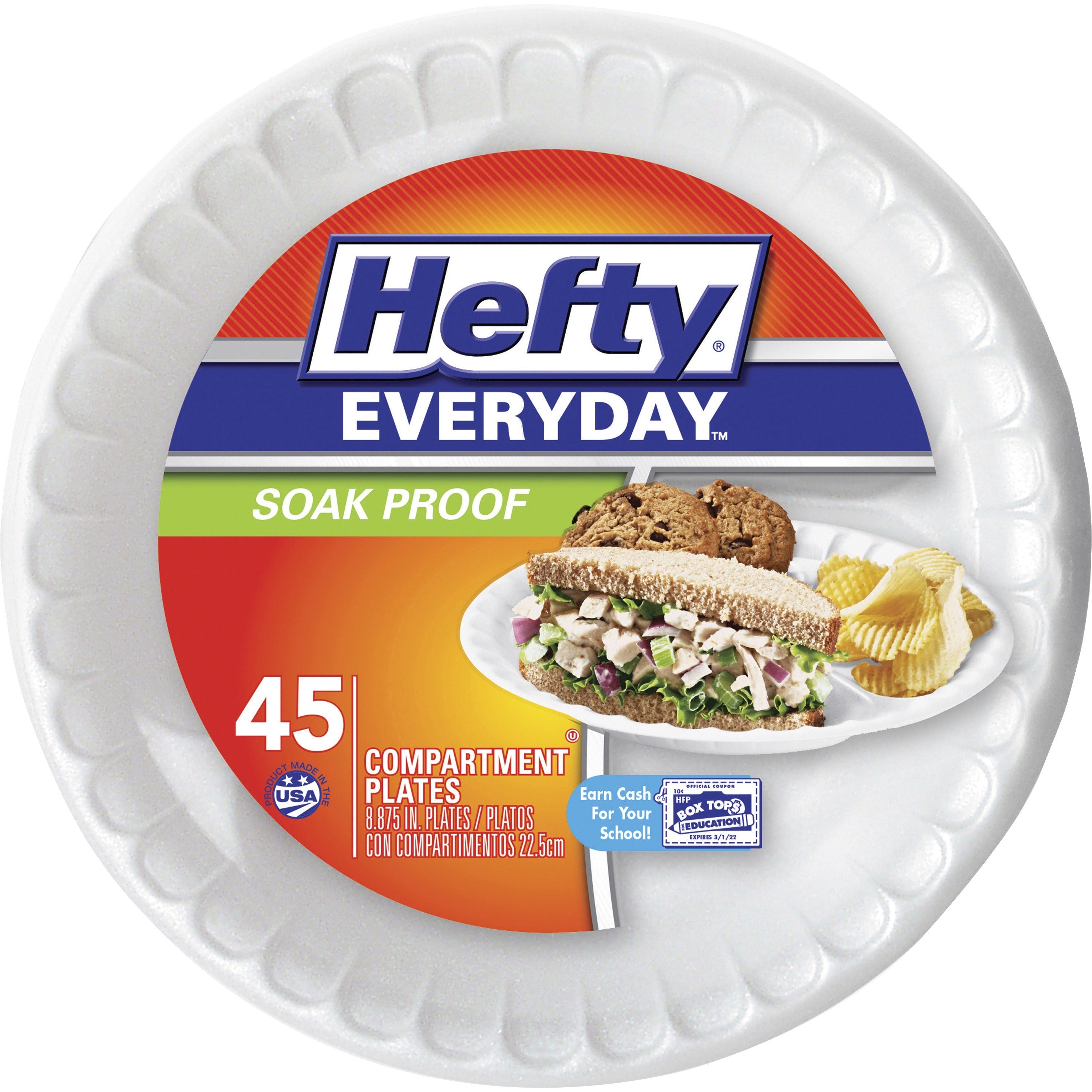Hefty Everyday 8-7/8" 3-Compartment Foam Plates - Disposable - White - 45 / Pack