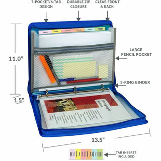 Zippered Binder with Expanding File, 2" Expansion, 7 Sections, Zipper Closure, 1/6-Cut Tabs, Letter Size, Bright Blue