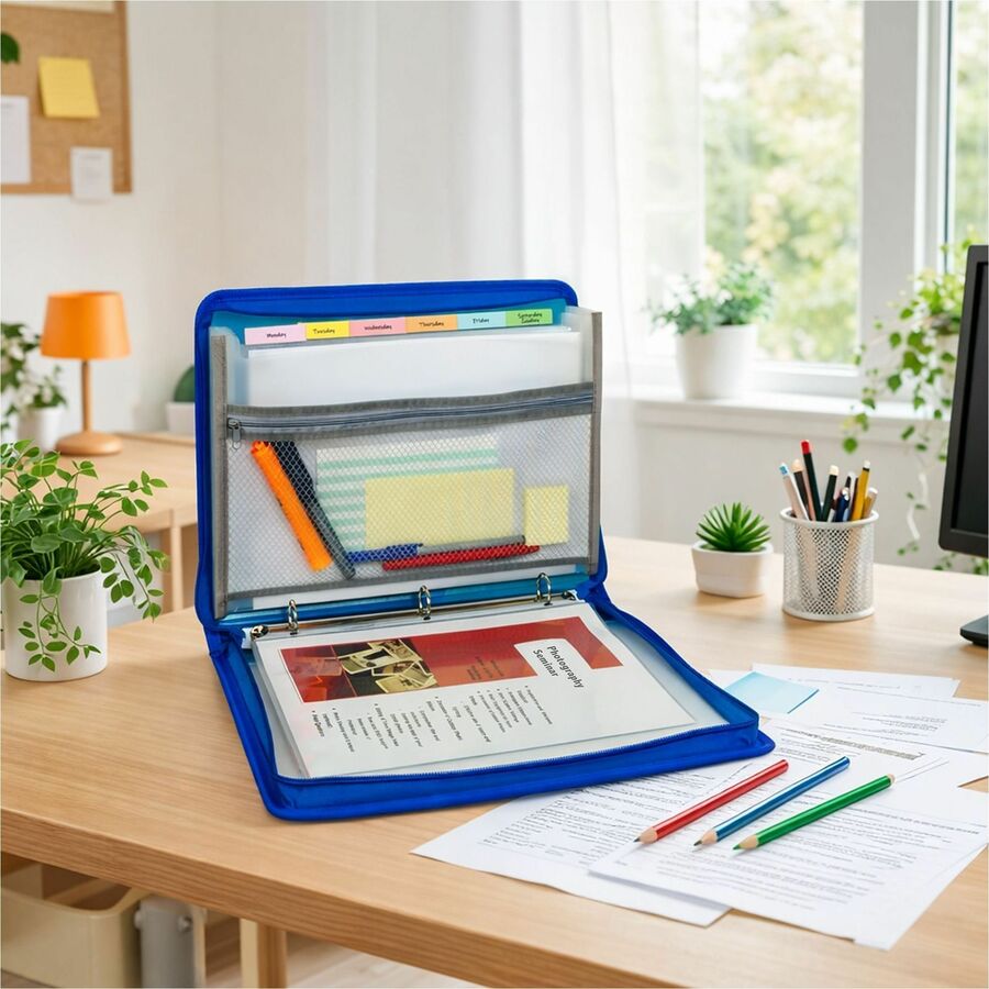 Zippered Binder with Expanding File, 2" Expansion, 7 Sections, Zipper Closure, 1/6-Cut Tabs, Letter Size, Bright Blue