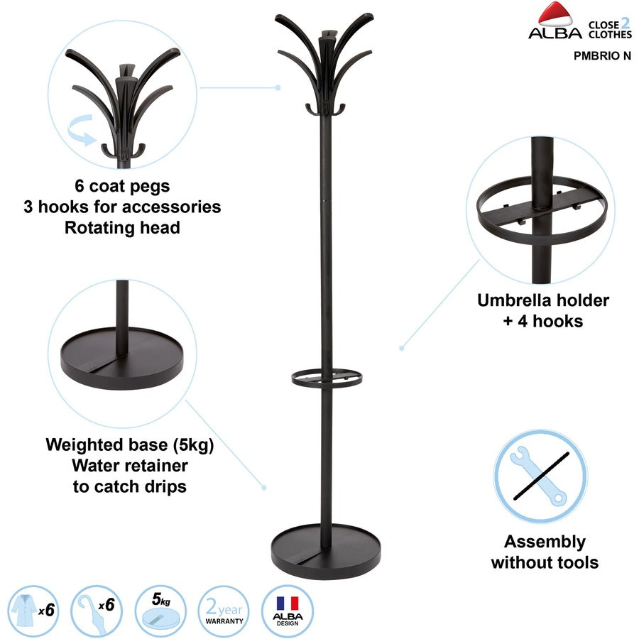 Brio Coat Stand, 13.75w x 13.75d x 66.25h, Black