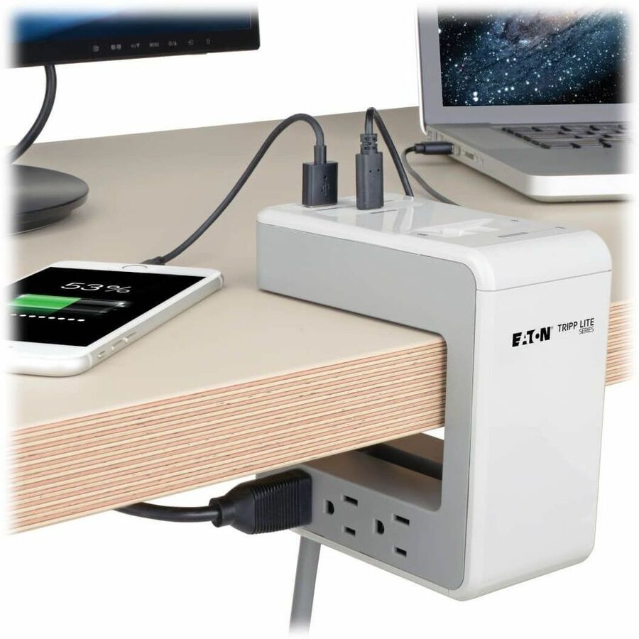Surge Protector, 6 AC Outlets/2 USB-A and 1 USB-C Ports, 8 ft Cord, 1,080 J, Gray