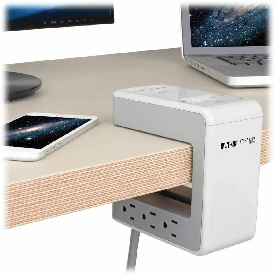 Surge Protector, 6 AC Outlets/2 USB-A and 1 USB-C Ports, 8 ft Cord, 1,080 J, Gray