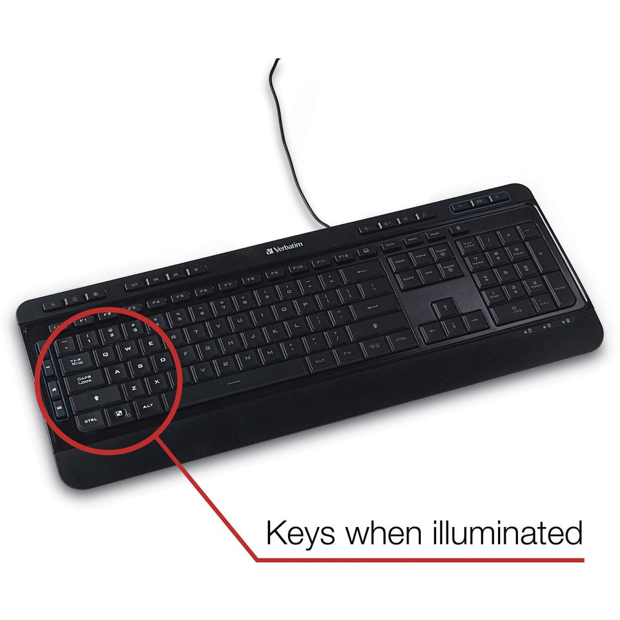 Verbatim Illuminated Wired Keyboard - Cable Connectivity - USB Type A Interface Media Player Hot Key(s) - Windows, Mac OS, Linux - Black