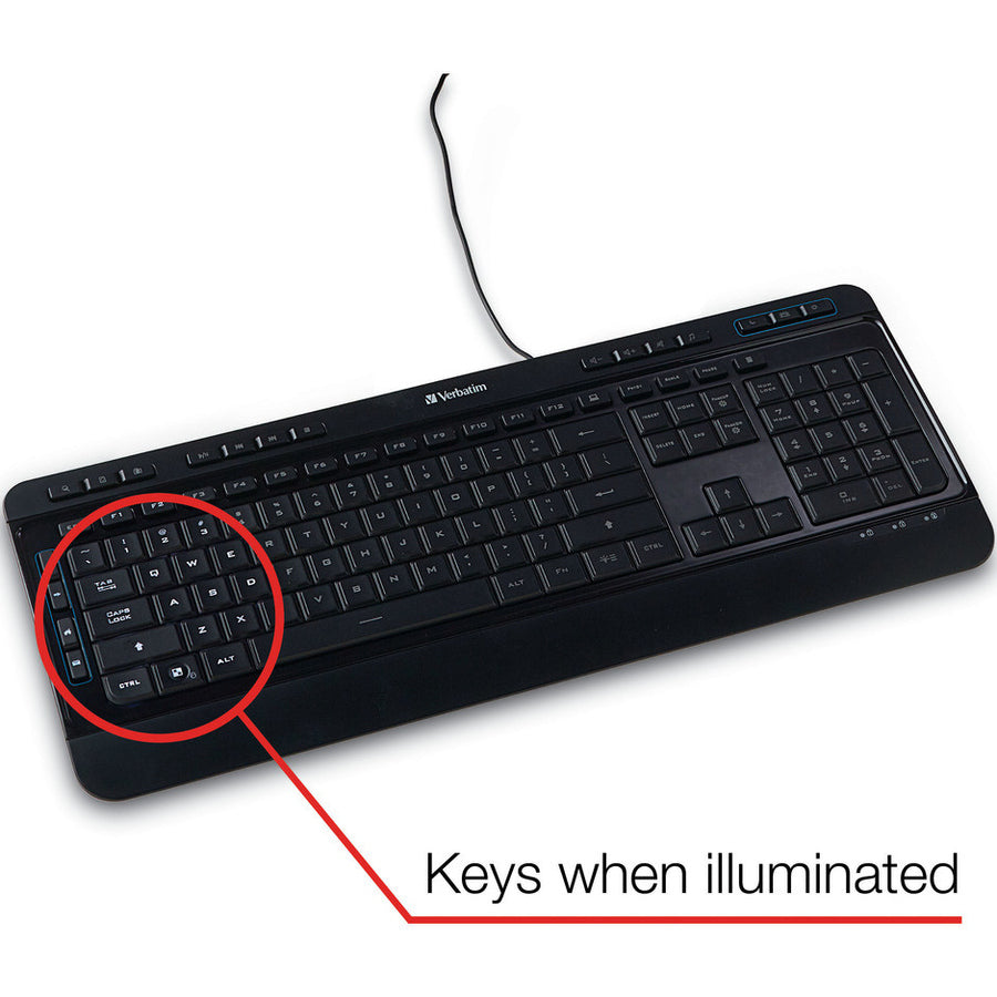 Verbatim Illuminated Wired Keyboard - Cable Connectivity - USB Type A Interface Media Player Hot Key(s) - Windows, Mac OS, Linux - Black
