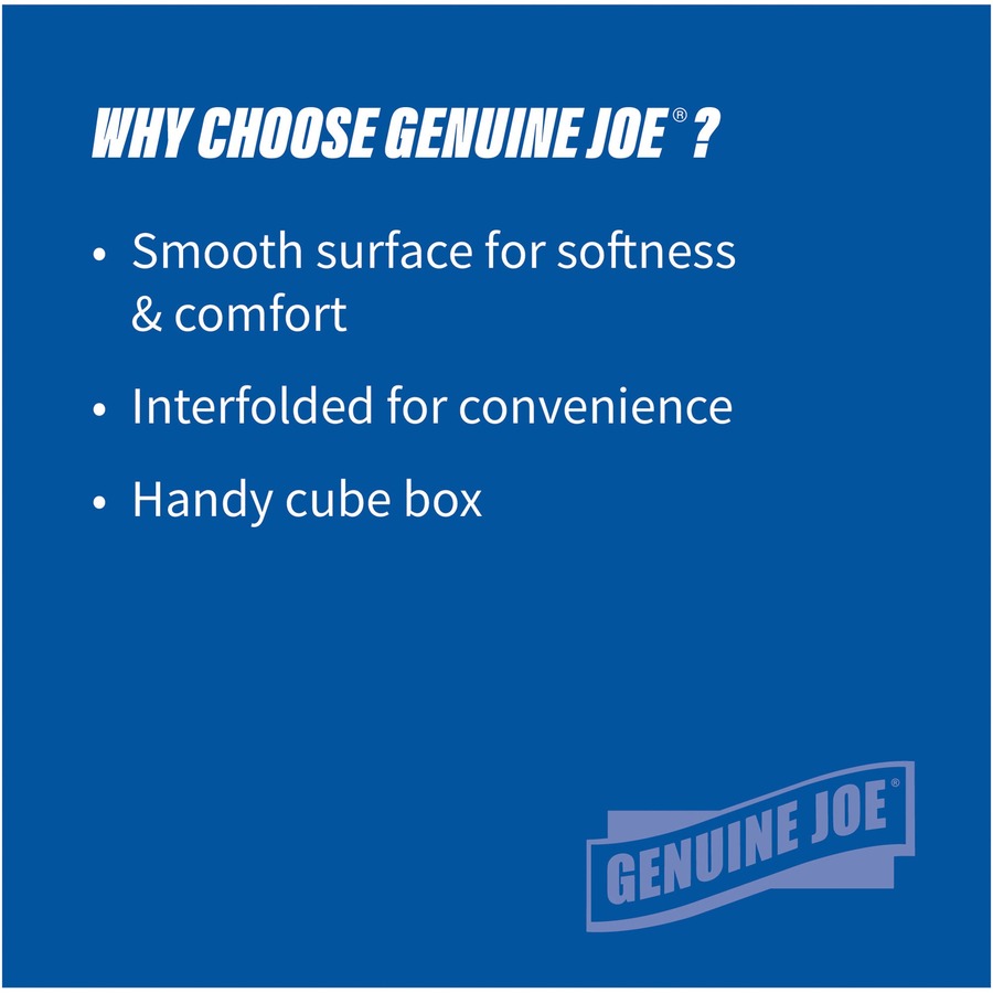 genuine-joe-cube-box-facial-tissue-2-ply-interfolded-white-soft-comfortable-smooth-for-face-skin-home-office-business-85-per-box-1728-pallet_gjo26085pl - 5