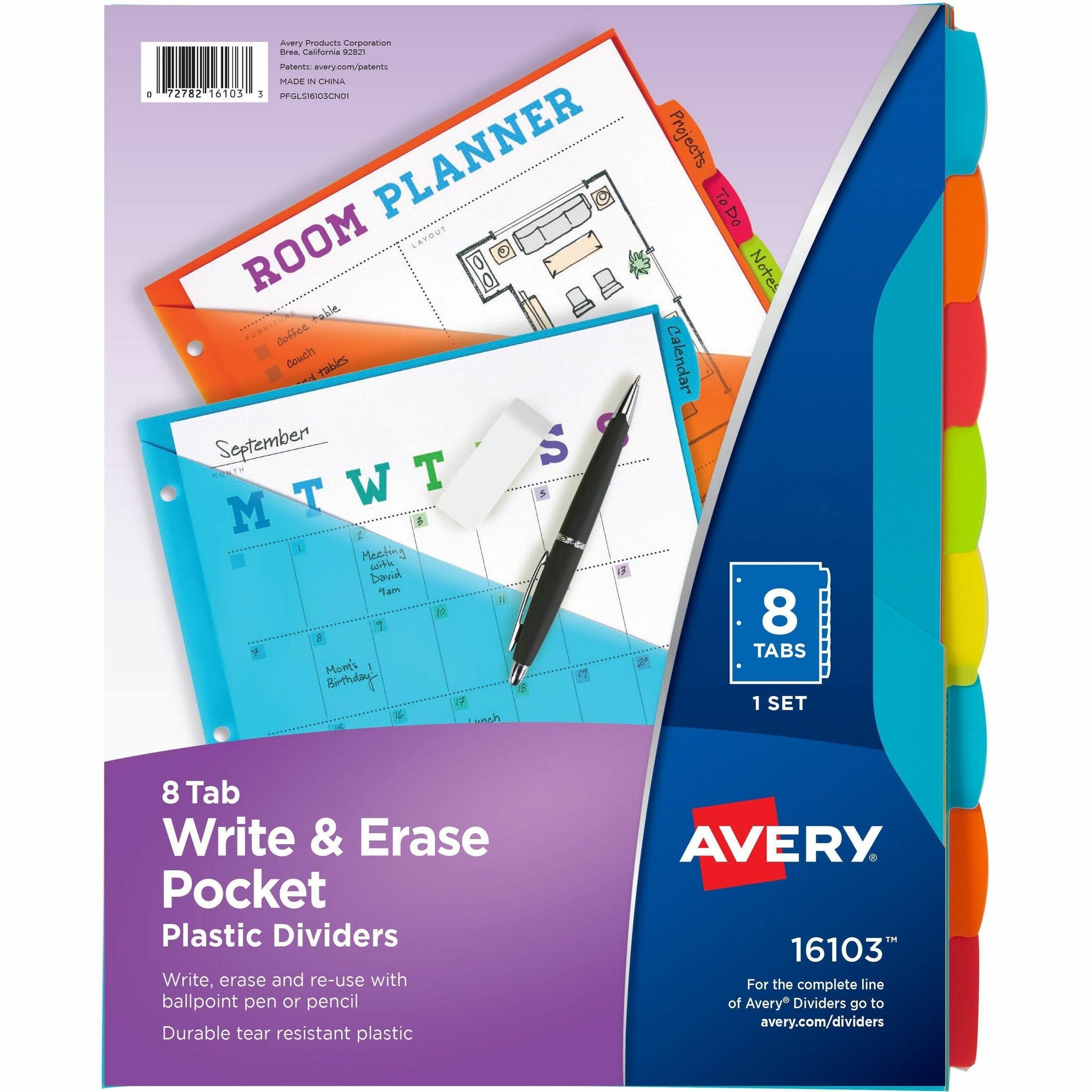 Avery Write & Erase 8-Tab Plastic Dividers, Pockets, Brights (16103) - Multicolor - Plastic - 2