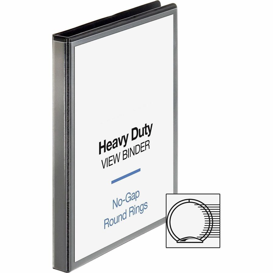 Business Source Heavy-duty View Binder - 1/2" Binder Capacity - Letter - 8 1/2" x 11" Sheet Size - 125 Sheet Capacity - Round Ring Fastener(s) - 2 Internal Pocket(s) - Polypropylene, Chipboard - Black - Heavy Duty, Wrinkle-free, Gap-free Ring, Non-gl