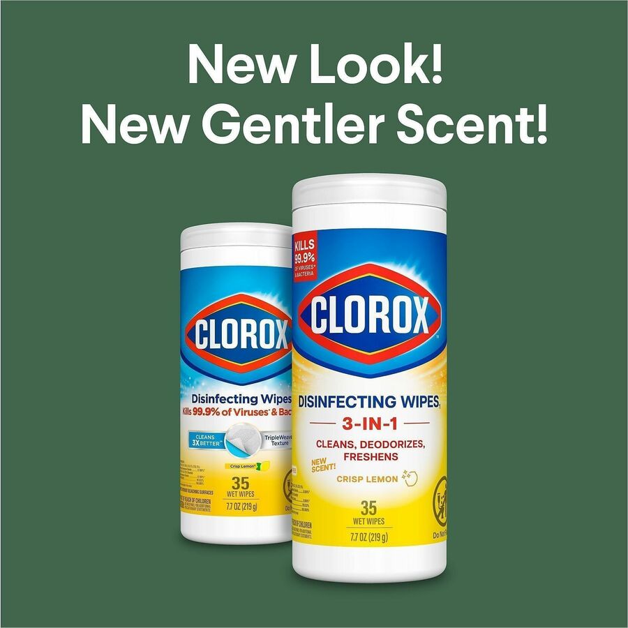 Clorox Disinfecting Cleaning Wipes - Ready-To-Use - Crisp Lemon Scent - 35 / Canister - 420 / Bundle - Anti-bacterial, Textured, Bleach-free - Yellow