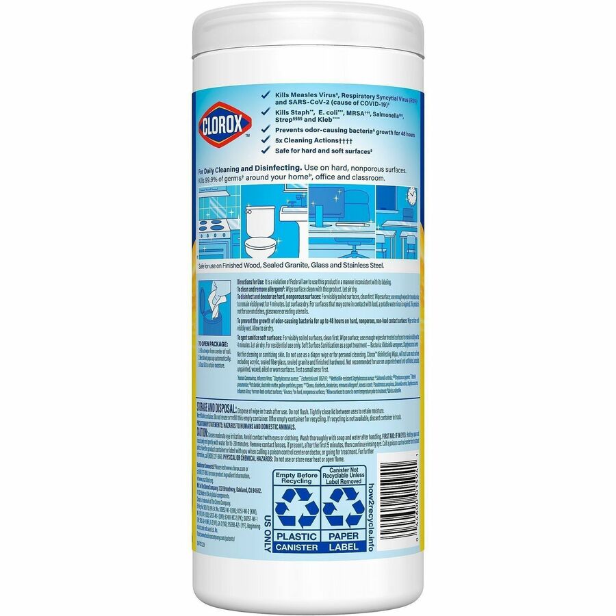 Clorox Disinfecting Cleaning Wipes - Ready-To-Use - Crisp Lemon Scent - 35 / Canister - 420 / Bundle - Anti-bacterial, Textured, Bleach-free - Yellow