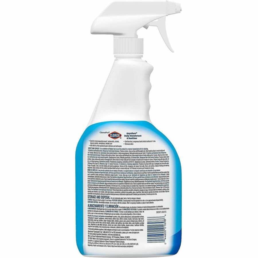 CloroxPro Anywhere Daily Disinfectant and Sanitizer - 32 fl oz (1 quart) - 216 / Bundle - Residue-free, Fume-free, Antibacterial - Clear