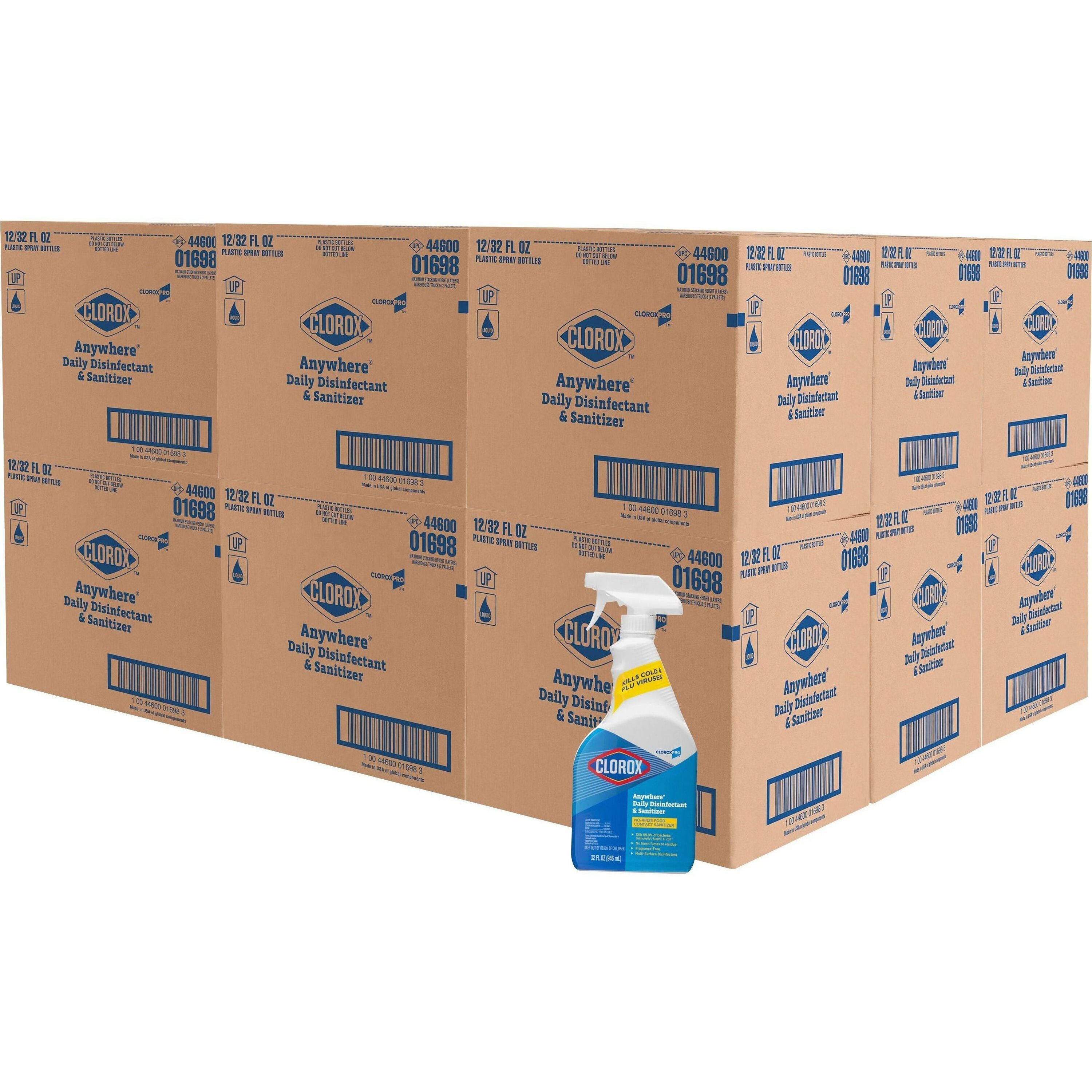 CloroxPro Anywhere Daily Disinfectant and Sanitizer - 32 fl oz (1 quart) - 216 / Bundle - Residue-free, Fume-free, Antibacterial - Clear - 1