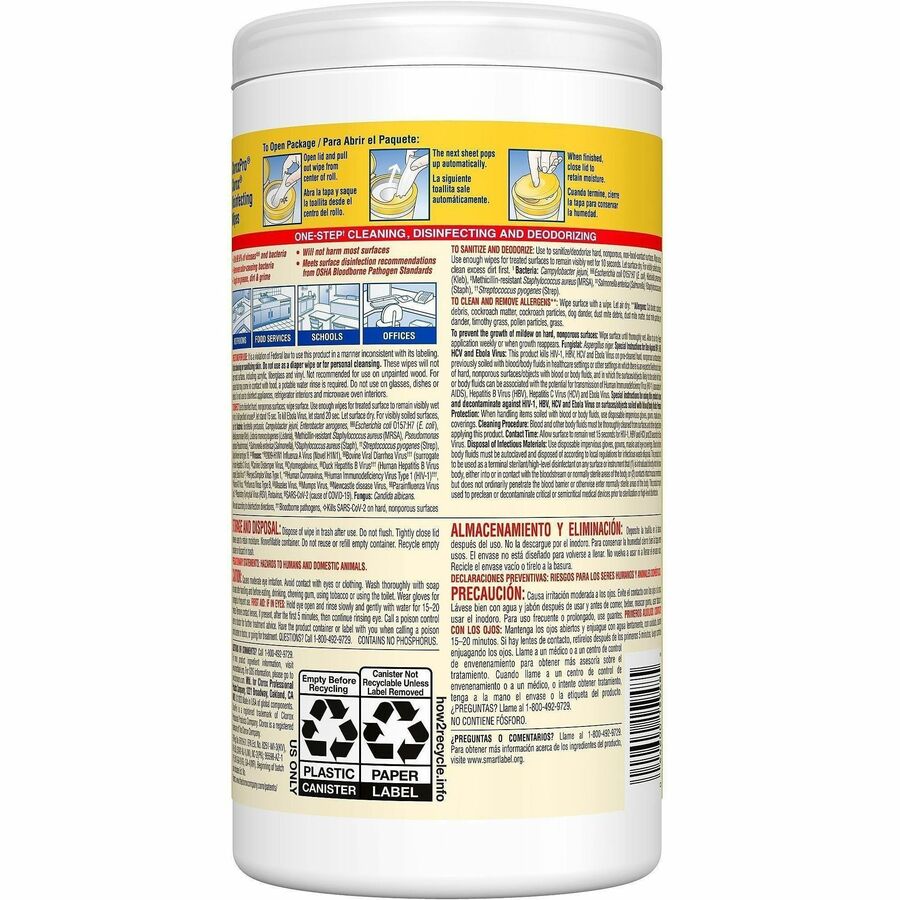 CloroxPro Disinfecting Wipes - Ready-To-Use - Lemon Fresh Scent - 75 / Canister - 480 / Pallet - Bleach-free, Pre-moistened, Phosphorous-free, Easy Tear, Easy to Use, Antibacterial - Yellow