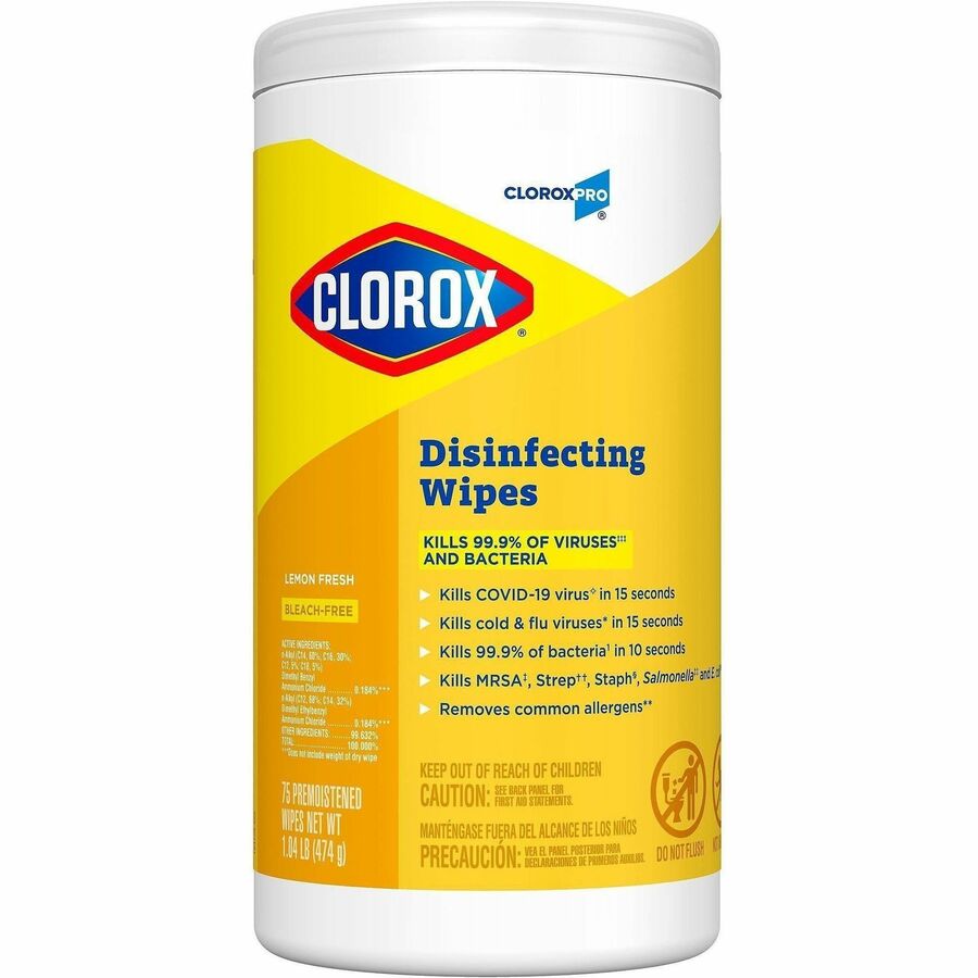CloroxPro Disinfecting Wipes - Ready-To-Use - Lemon Fresh Scent - 75 / Canister - 480 / Pallet - Bleach-free, Pre-moistened, Phosphorous-free, Easy Tear, Easy to Use, Antibacterial - Yellow