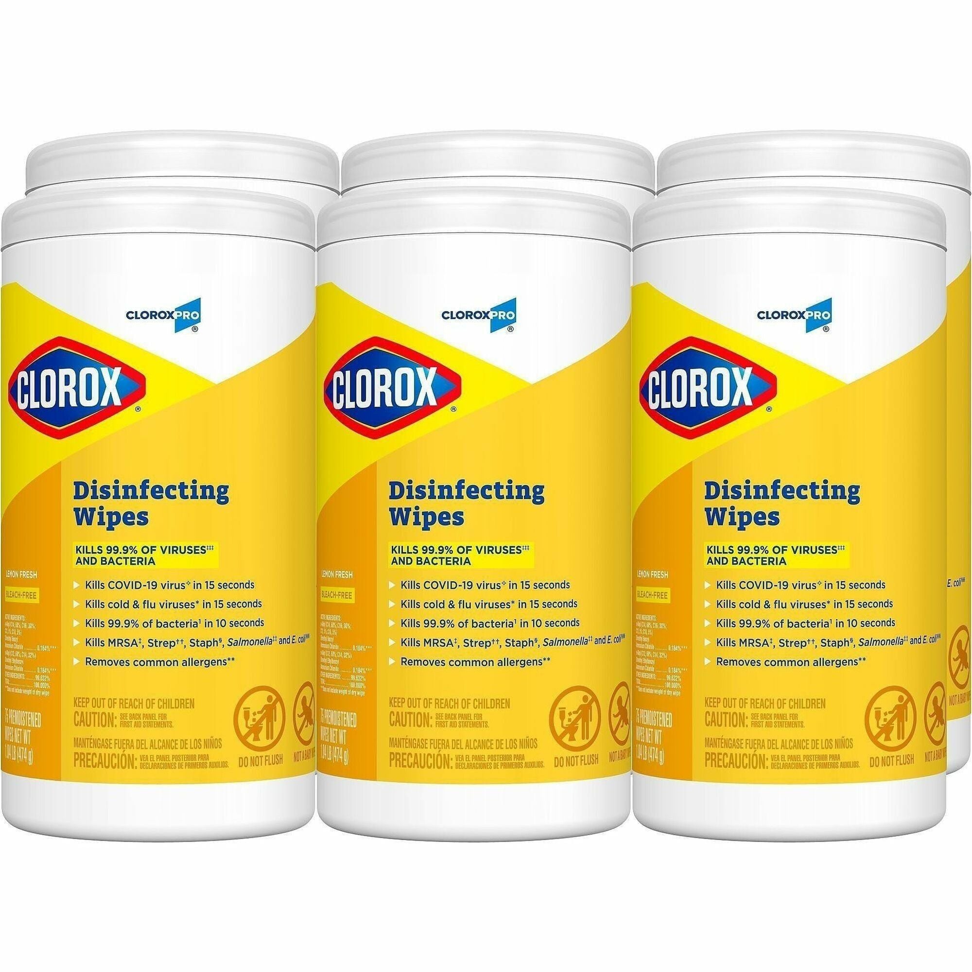 CloroxPro Disinfecting Wipes - Ready-To-Use - Lemon Fresh Scent - 75 / Canister - 480 / Pallet - Bleach-free, Pre-moistened, Phosphorous-free, Easy Tear, Easy to Use, Antibacterial - Yellow