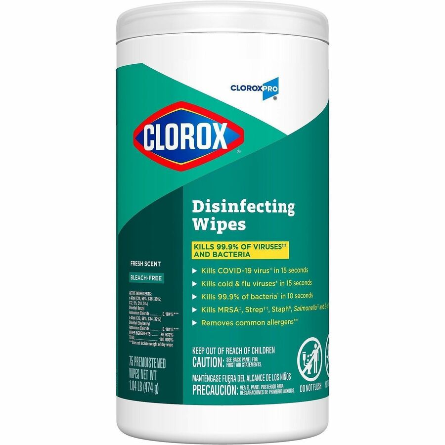CloroxPro Disinfecting Wipes - Ready-To-Use - Fresh Scent - 75 / Canister - 240 / Bundle - Easy Tear, Pre-moistened, Bleach-free, Phosphorous-free, Easy to Use, Antibacterial - Green