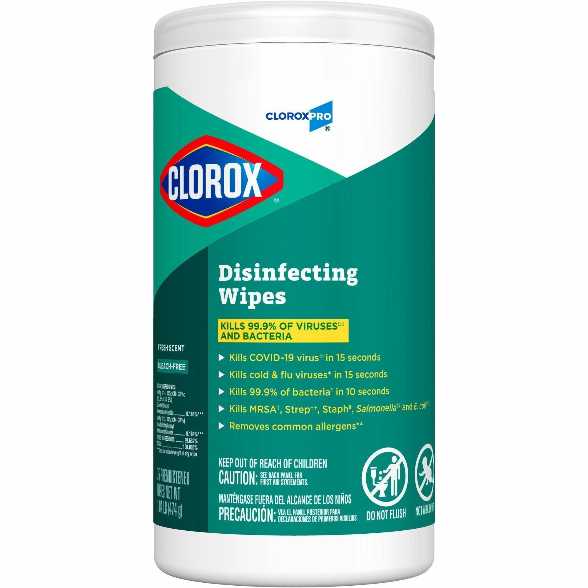 CloroxPro Disinfecting Wipes - Ready-To-Use - Fresh Scent - 75 / Canister - 480 / Pallet - Easy Tear, Pre-moistened, Bleach-free, Phosphorous-free, Easy to Use, Antibacterial - Green