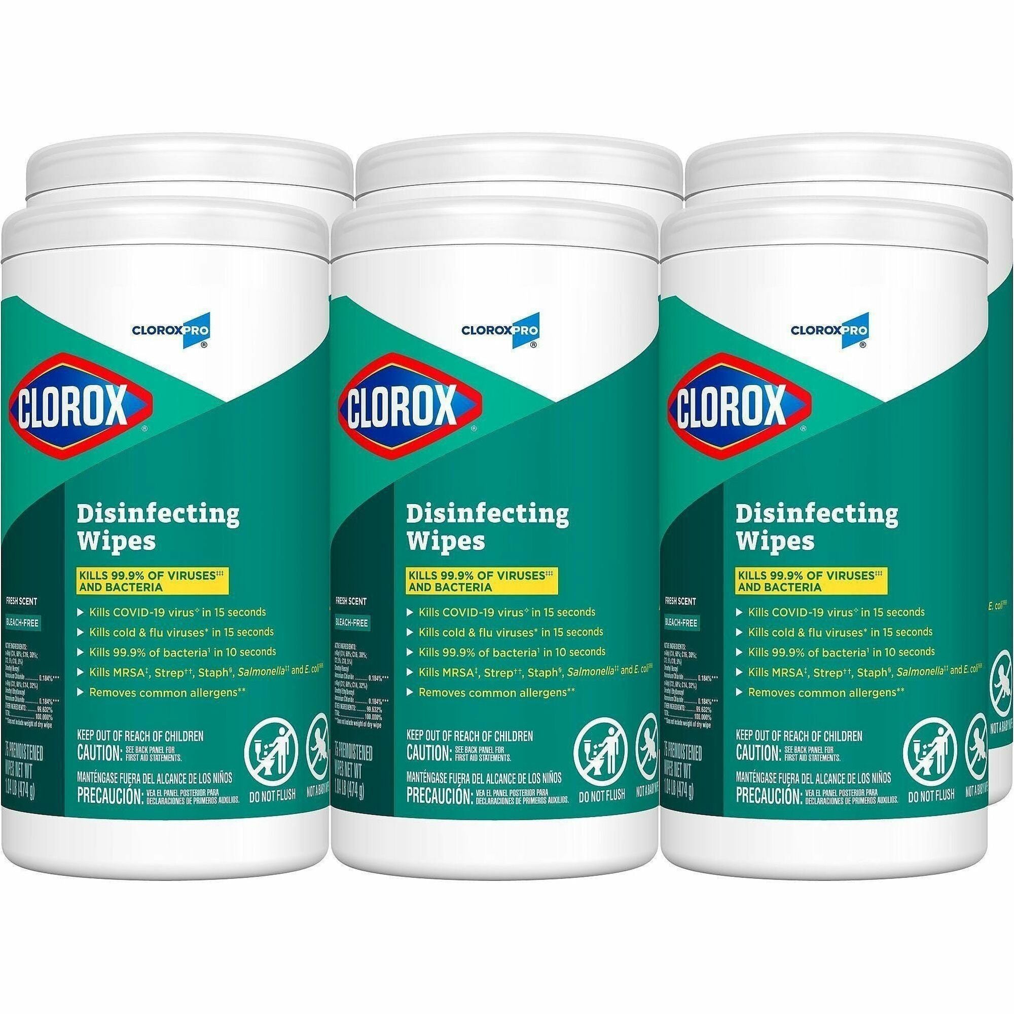 CloroxPro Disinfecting Wipes - Ready-To-Use - Fresh Scent - 75 / Canister - 480 / Pallet - Easy Tear, Pre-moistened, Bleach-free, Phosphorous-free, Easy to Use, Antibacterial - Green